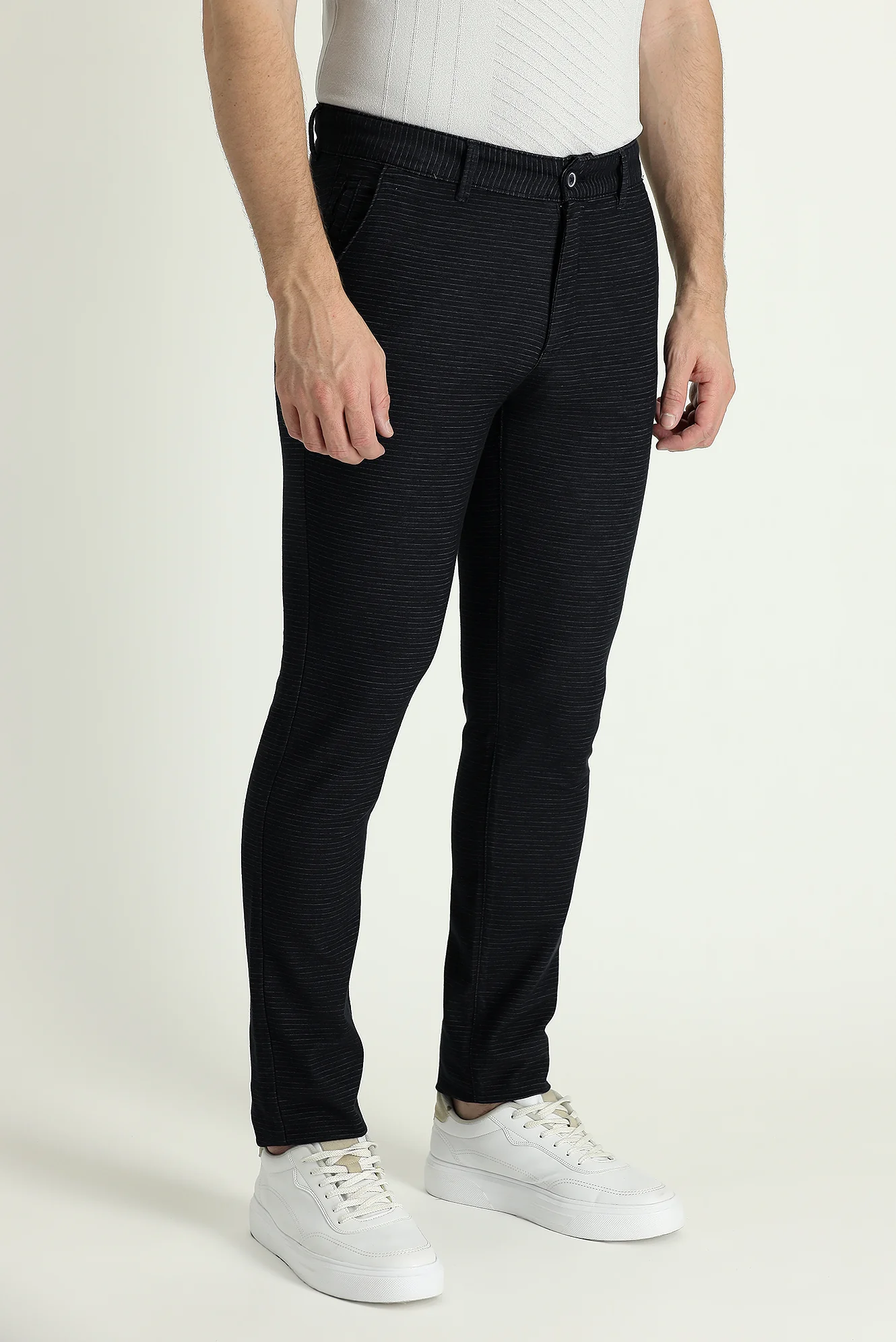 Koyu Lacivert Slim Fit Dar Kesim Desenli Likralı Kanvas / Chino Pantolon - Image 2