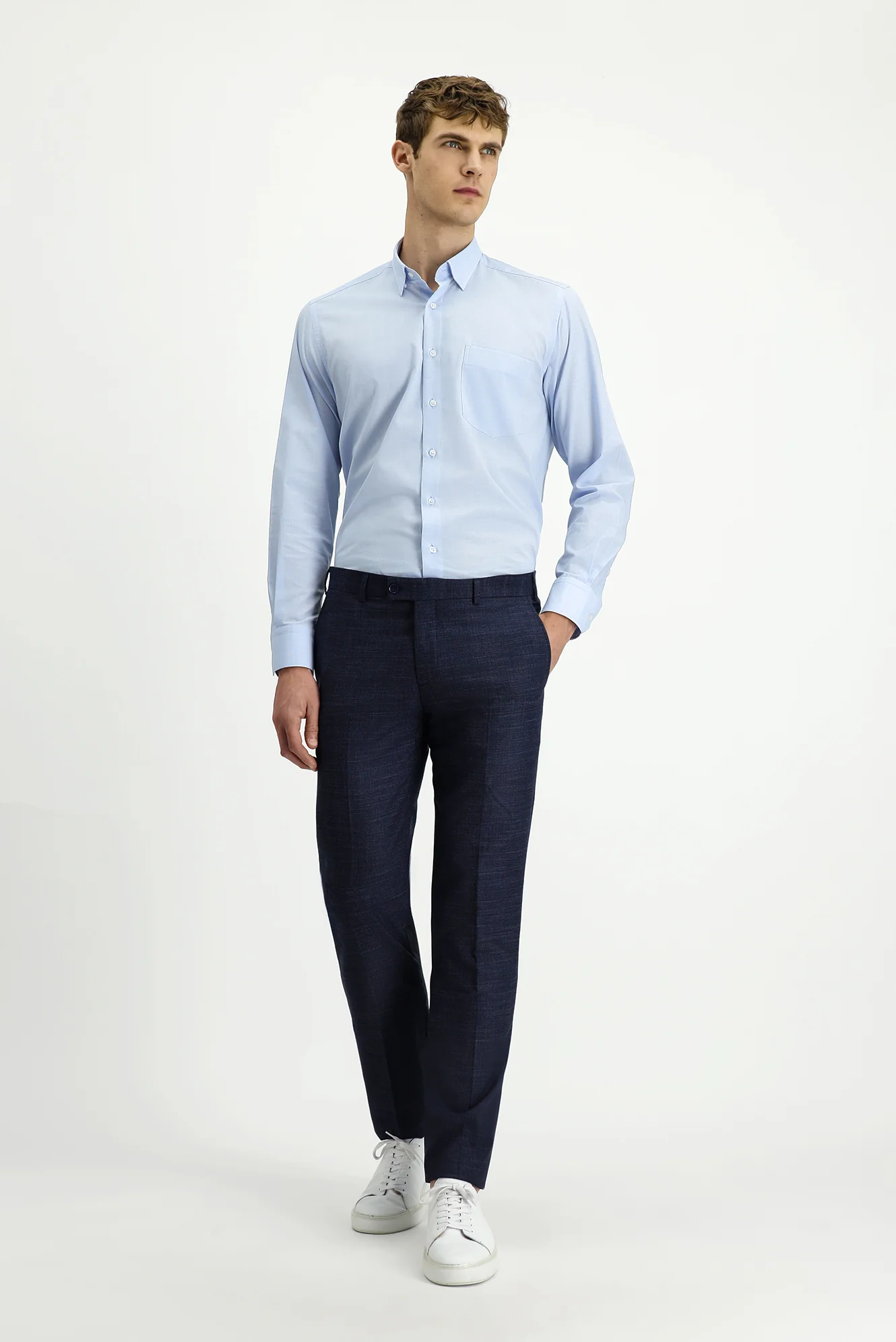 Koyu Lacivert 7 Drop Slim Fit Dar Kesim Desenli Likralı Klasik Kumaş Pantolon