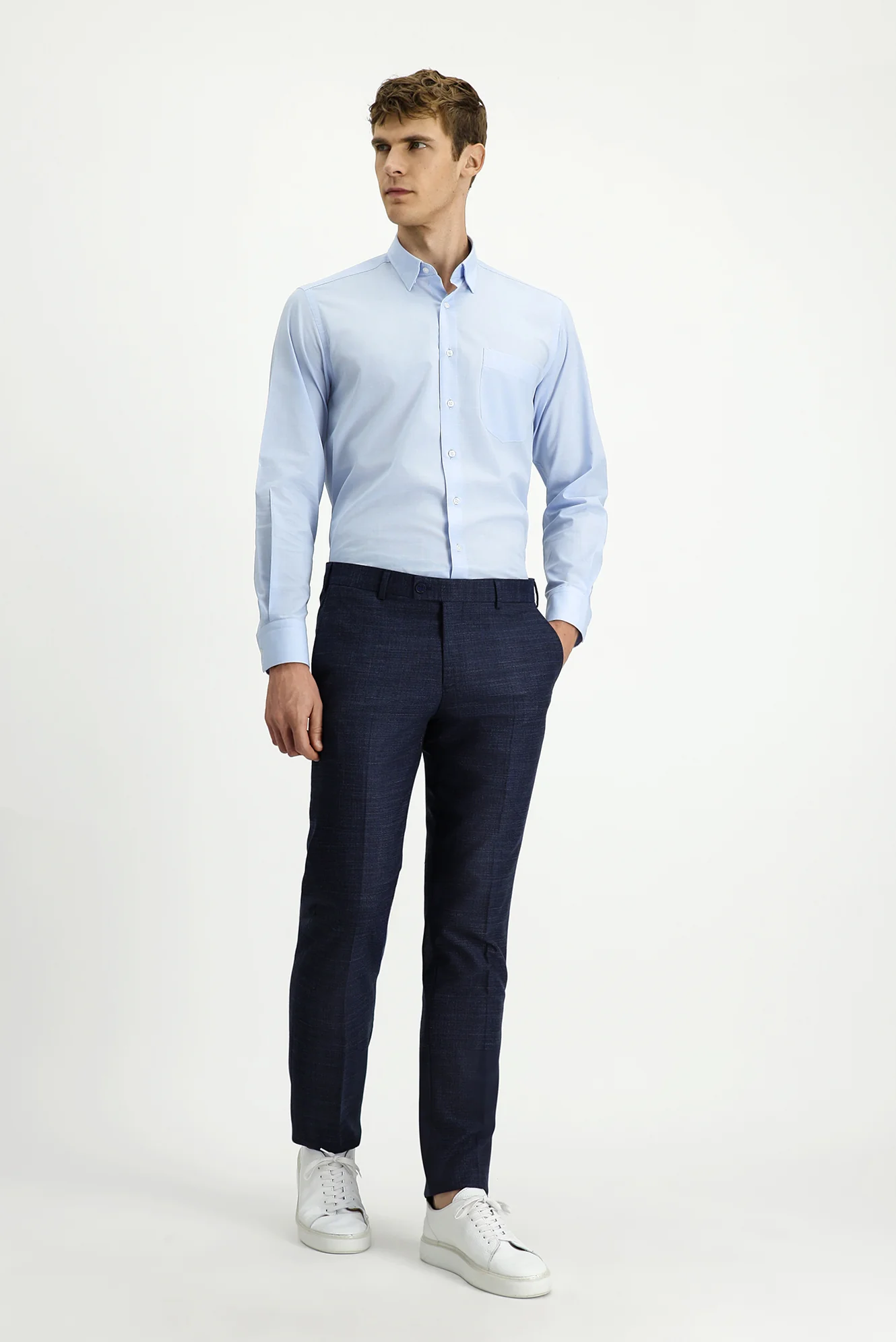 Koyu Lacivert 7 Drop Slim Fit Dar Kesim Desenli Likralı Klasik Kumaş Pantolon - Image 3
