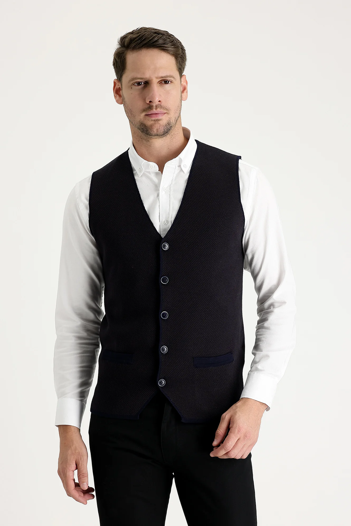 Koyu Lacivert Slim Fit Dar Kesim Desenli Pamuklu Triko Yelek - Image 2