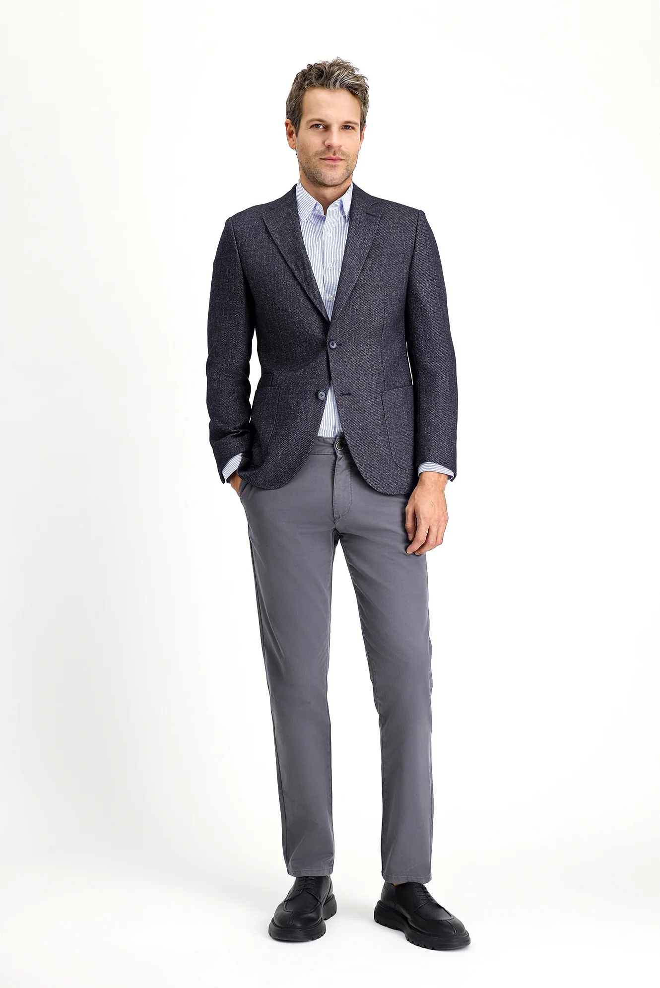 Koyu Lacivert 7 Drop Slim Fit Dar Kesim Desenli Yünlü Ceket - Image 2