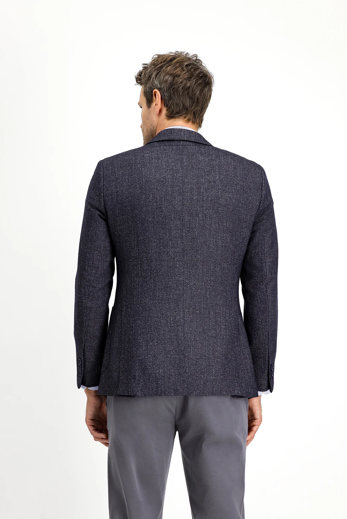 Koyu Lacivert 7 Drop Slim Fit Dar Kesim Desenli Yünlü Ceket - Image 4