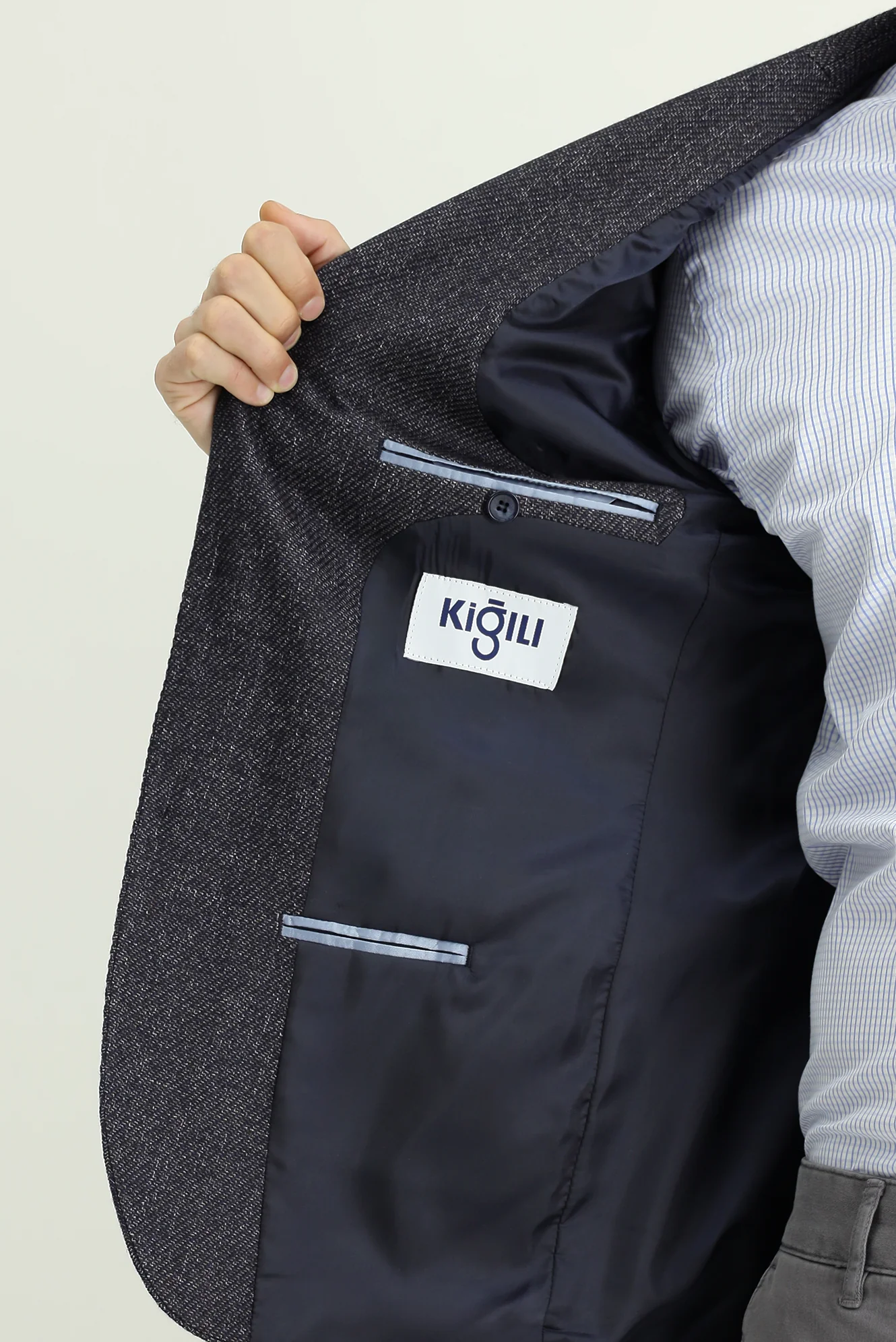 Koyu Lacivert 7 Drop Slim Fit Dar Kesim Desenli Yünlü Ceket - Image 5
