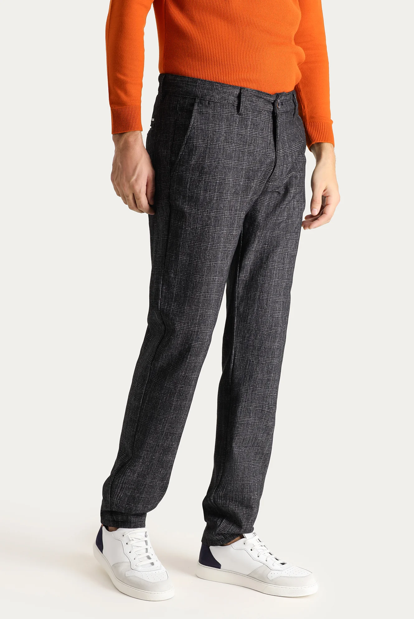 Koyu Lacivert Slim Fit Dar Kesim Ekose Likralı Kanvas / Chino Pantolon - Image 3