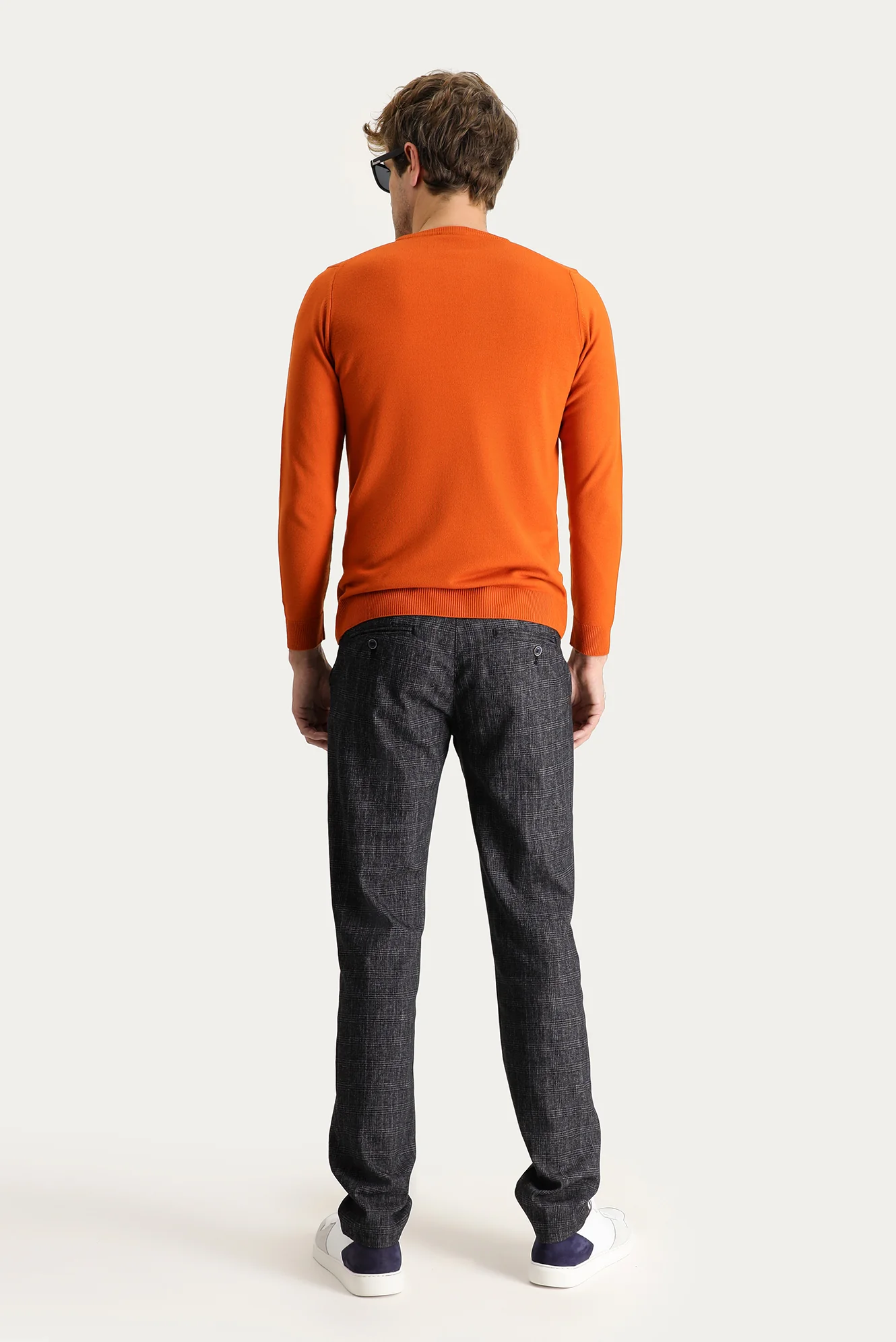 Koyu Lacivert Slim Fit Dar Kesim Ekose Likralı Kanvas / Chino Pantolon - Image 4