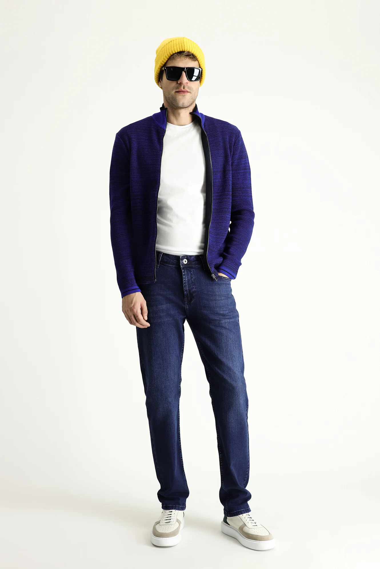 Koyu Lacivert Slim Fit Dar Kesim Fermuarlı Pamuklu Triko Hırka - Image 2
