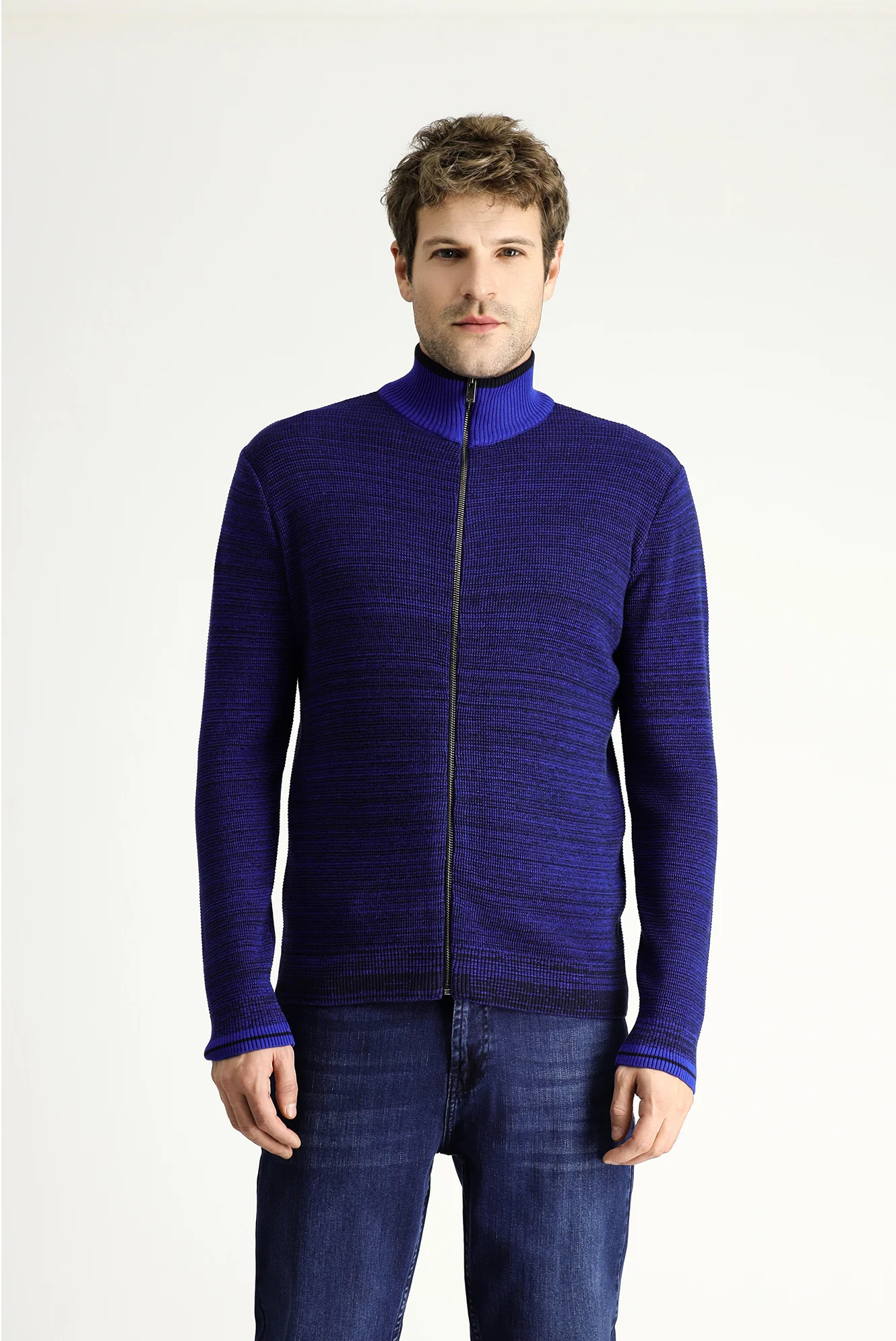Koyu Lacivert Slim Fit Dar Kesim Fermuarlı Pamuklu Triko Hırka - Image 4