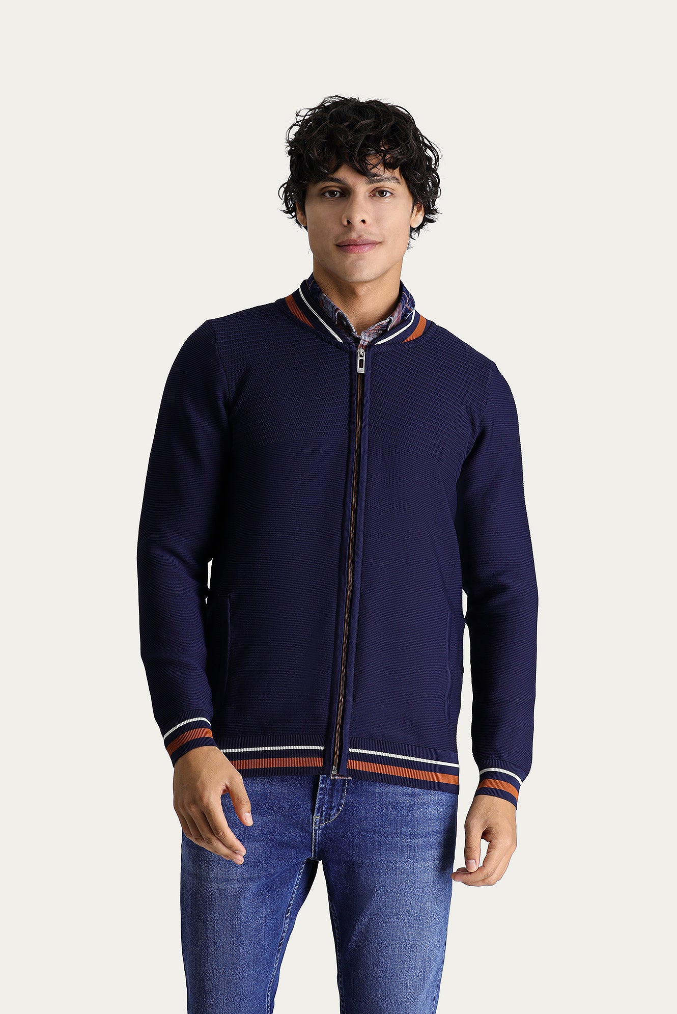 Koyu Lacivert Slim Fit Dar Kesim Fermuarlı Triko Hırka - Image 3