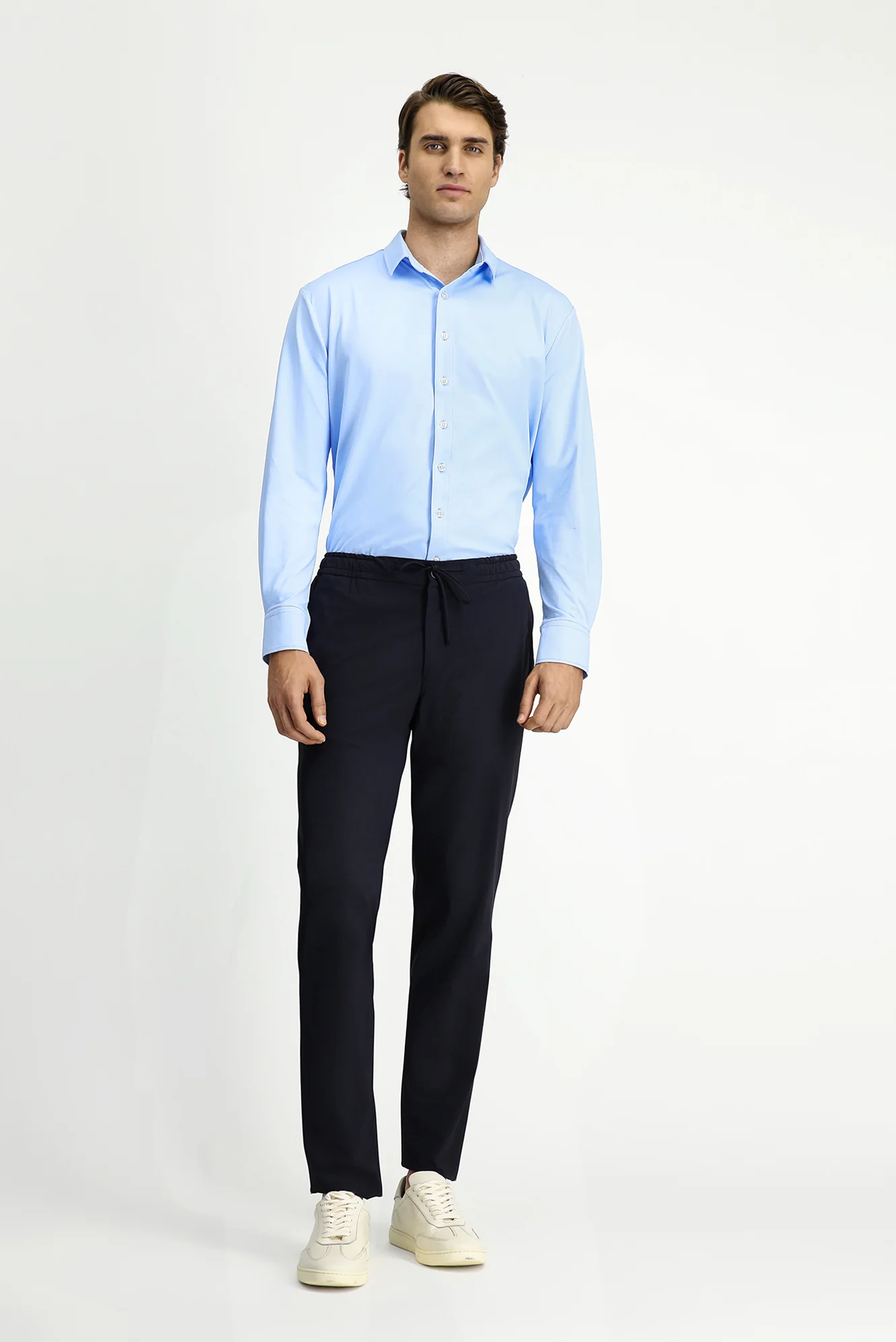 Koyu Lacivert 7 Drop Slim Fit Dar Kesim Beli Lastikli İpli Klasik Kumaş Pantolon