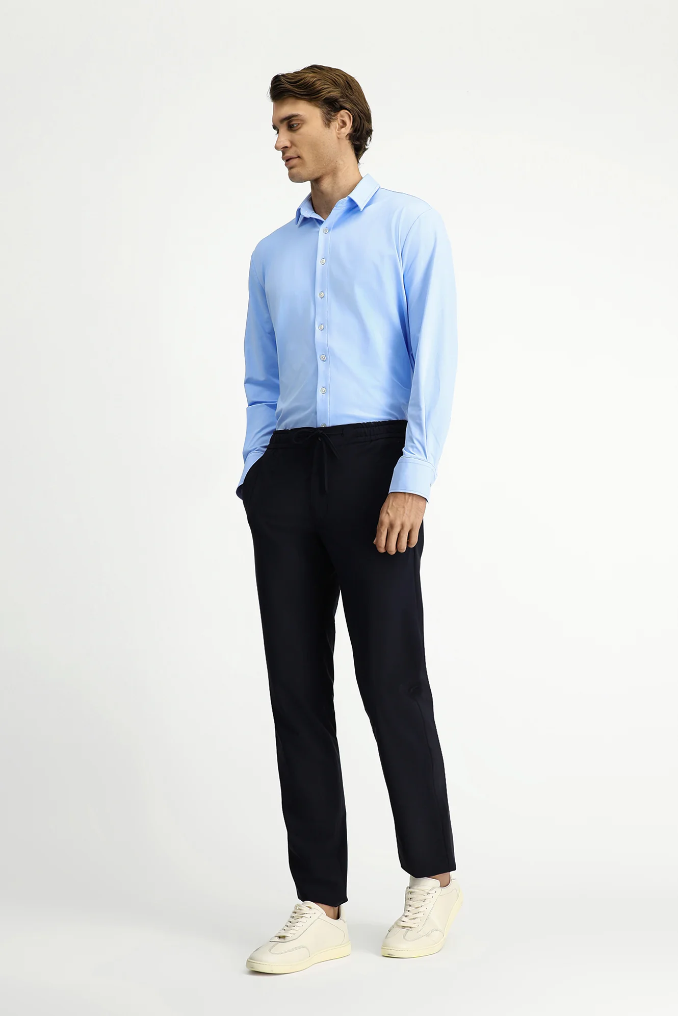 Koyu Lacivert 7 Drop Slim Fit Dar Kesim Beli Lastikli İpli Klasik Kumaş Pantolon - Image 2