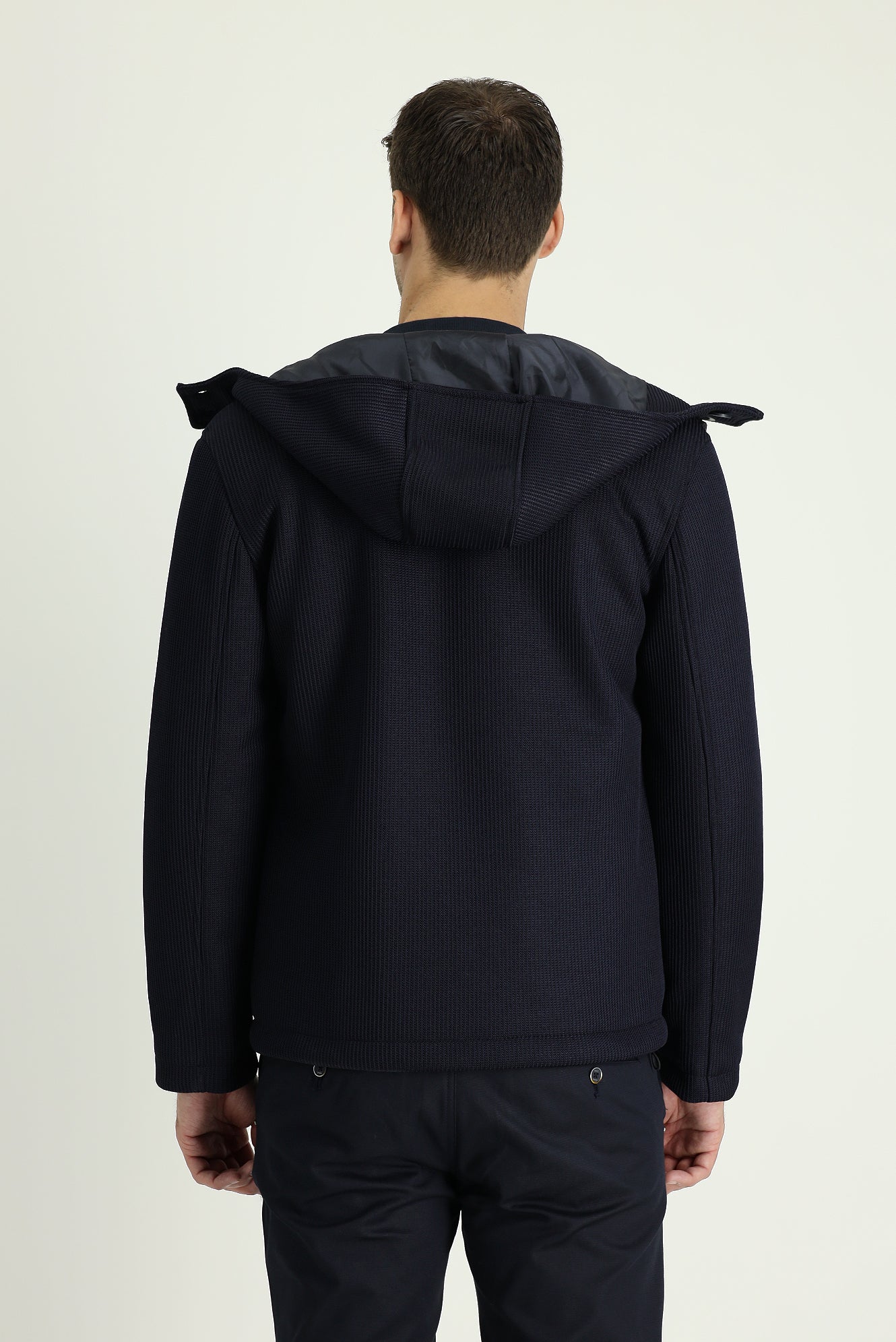 Koyu Lacivert Slim Fit Dar Kesim Kapüşonlu Spor Mont - Image 3