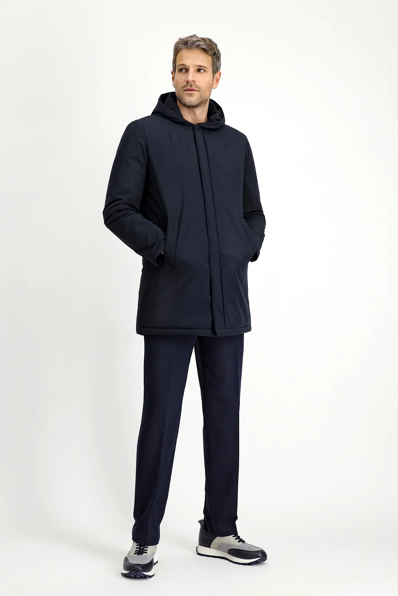Koyu Lacivert Slim Fit Dar Kesim Kapüşonlu Spor Şişme Kaban - Image 2