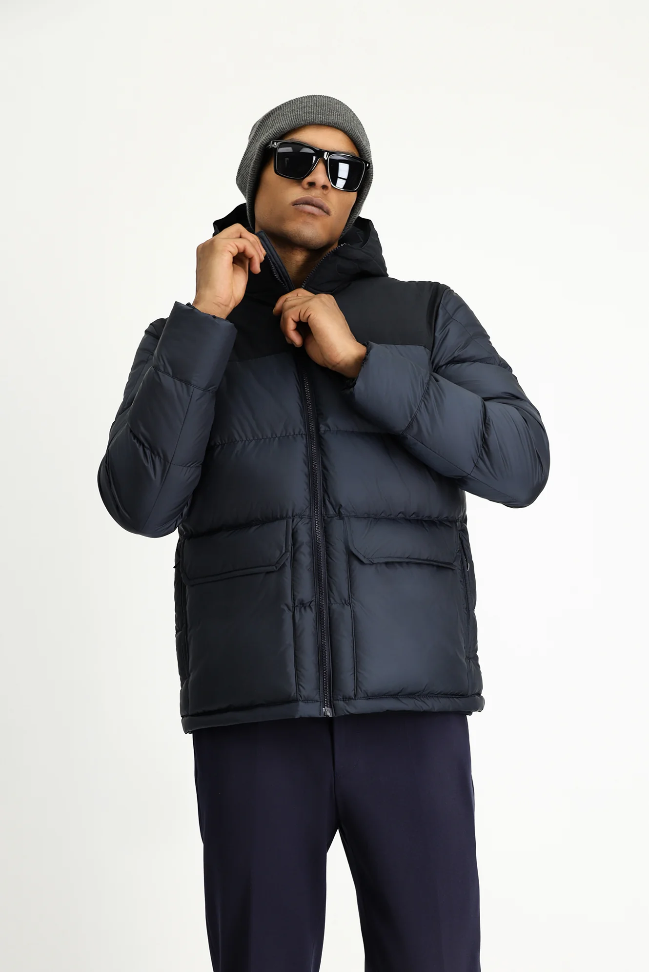Koyu Lacivert Slim Fit Dar Kesim Kapüşonlu Spor Şişme Mont