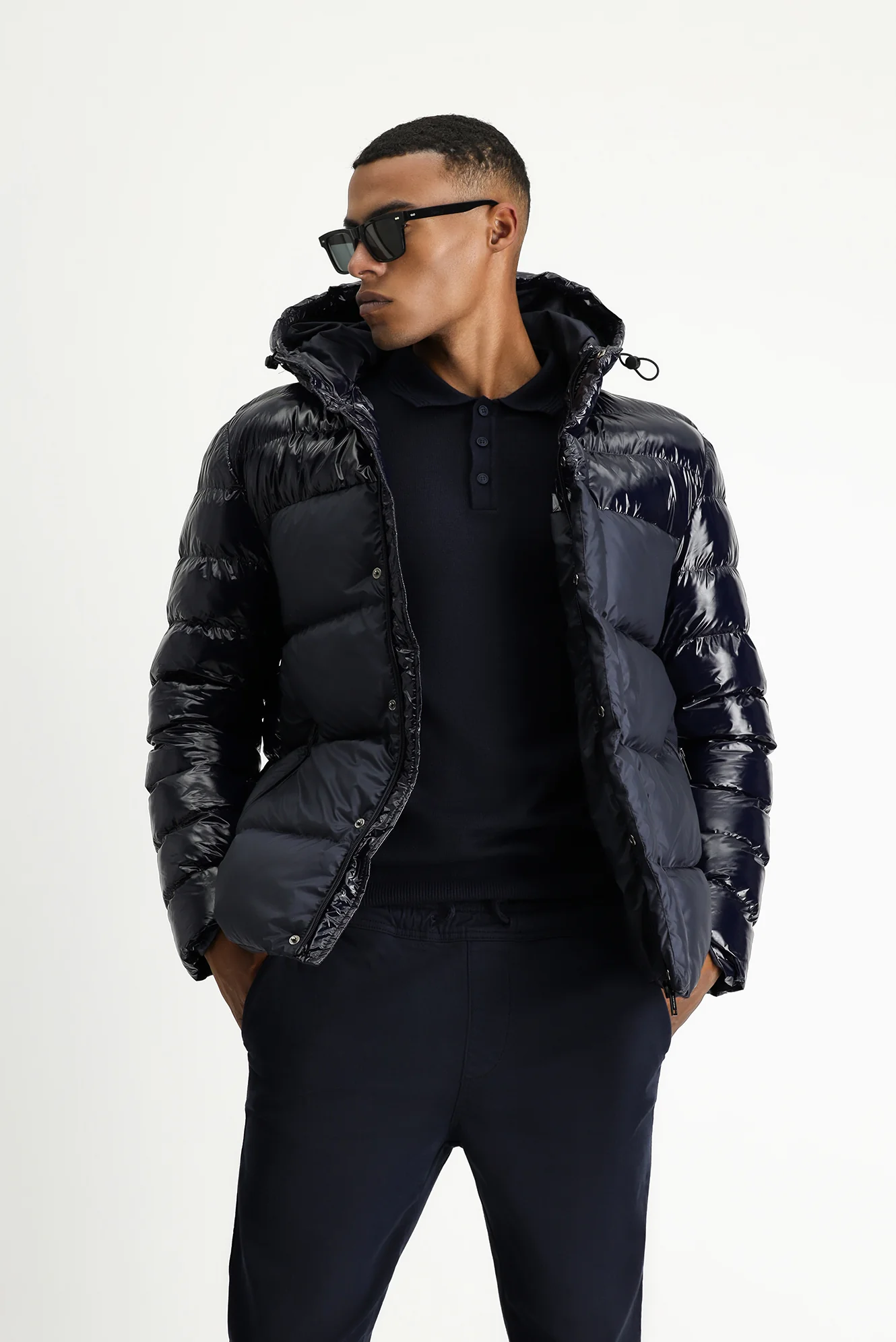 Koyu Lacivert Slim Fit Dar Kesim Kapüşonlu Vinil Şişme Mont - Image 5