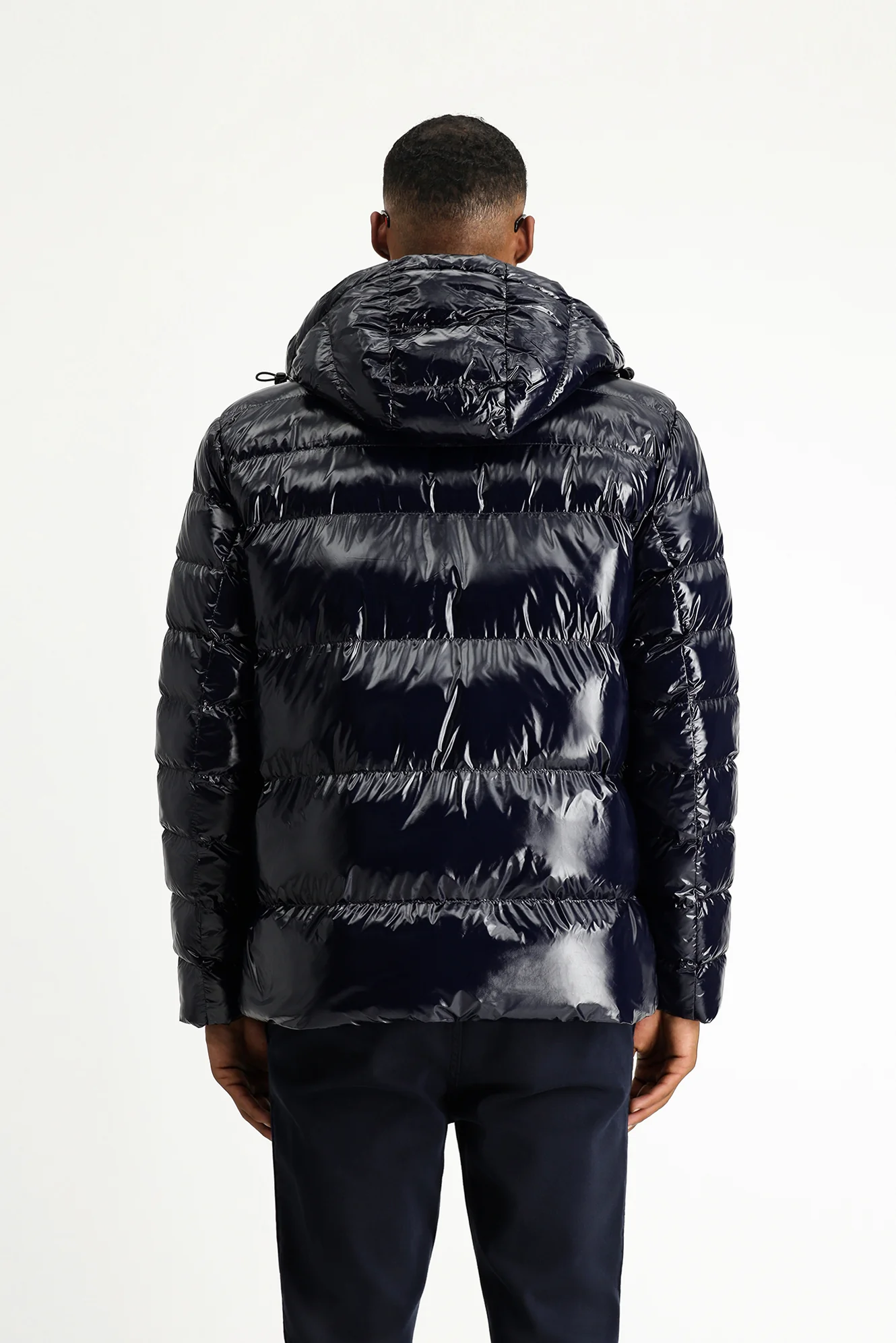Koyu Lacivert Slim Fit Dar Kesim Kapüşonlu Vinil Şişme Mont - Image 7