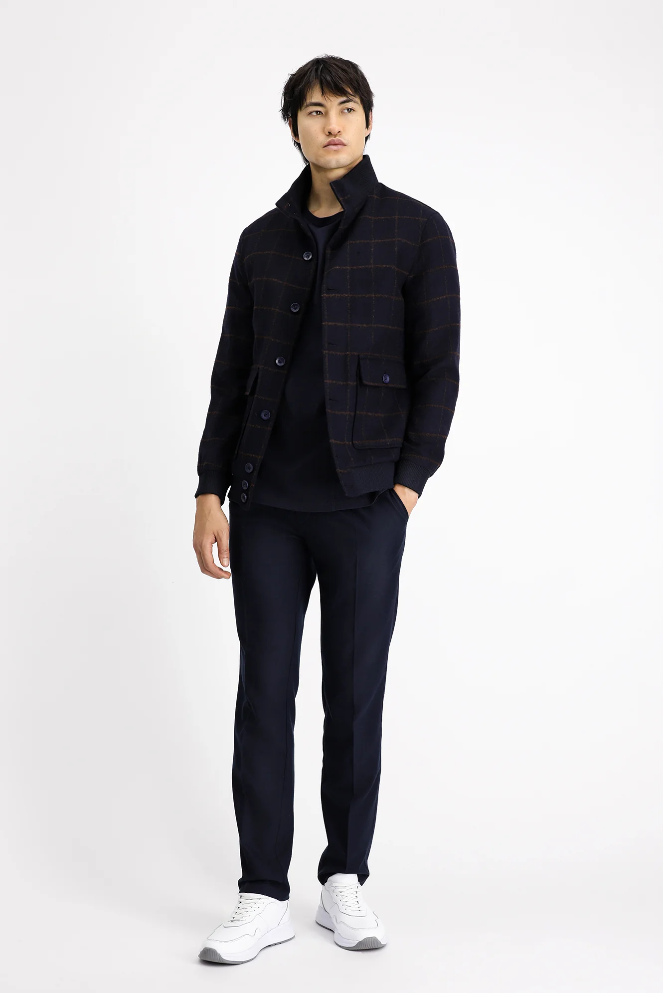 Koyu Lacivert Slim Fit Dar Kesim Kareli Yünlü Bomber Ceket Mont - Image 2
