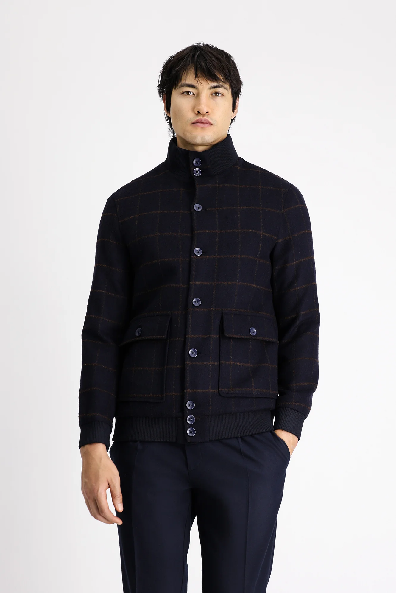 Koyu Lacivert Slim Fit Dar Kesim Kareli Yünlü Bomber Ceket Mont - Image 3