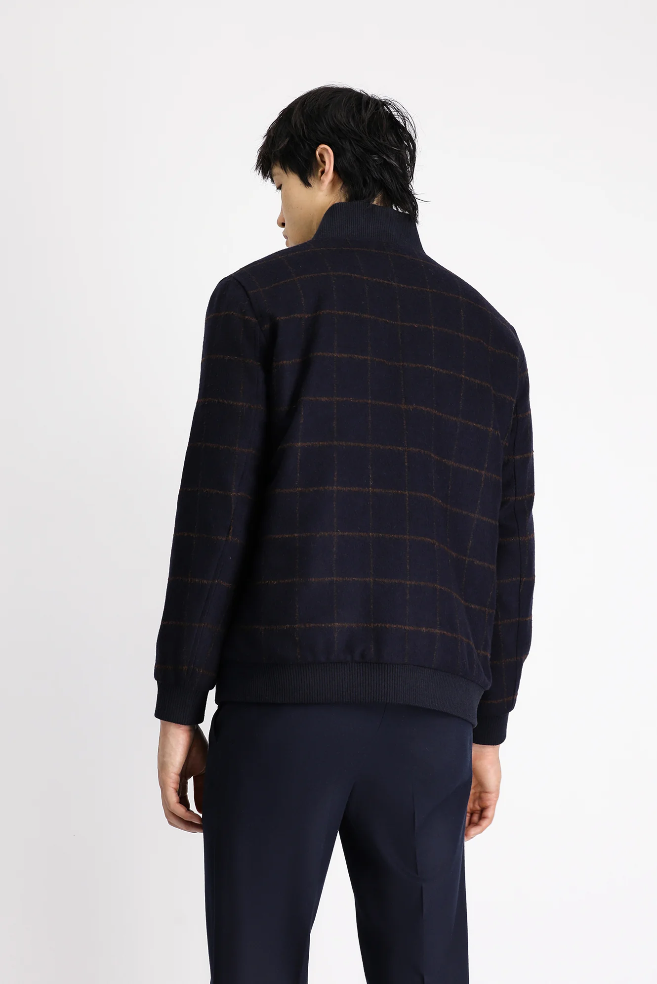 Koyu Lacivert Slim Fit Dar Kesim Kareli Yünlü Bomber Ceket Mont - Image 4