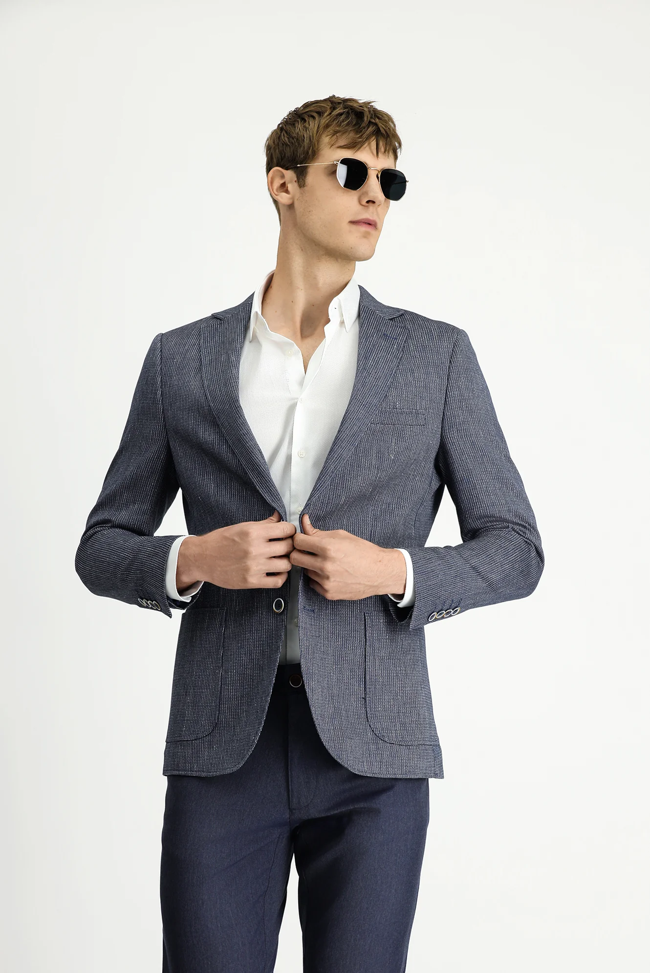 Koyu Lacivert 7 Drop Slim Fit Dar Kesim Keten Karışımlı Çizgili Spor Ceket - Image 3