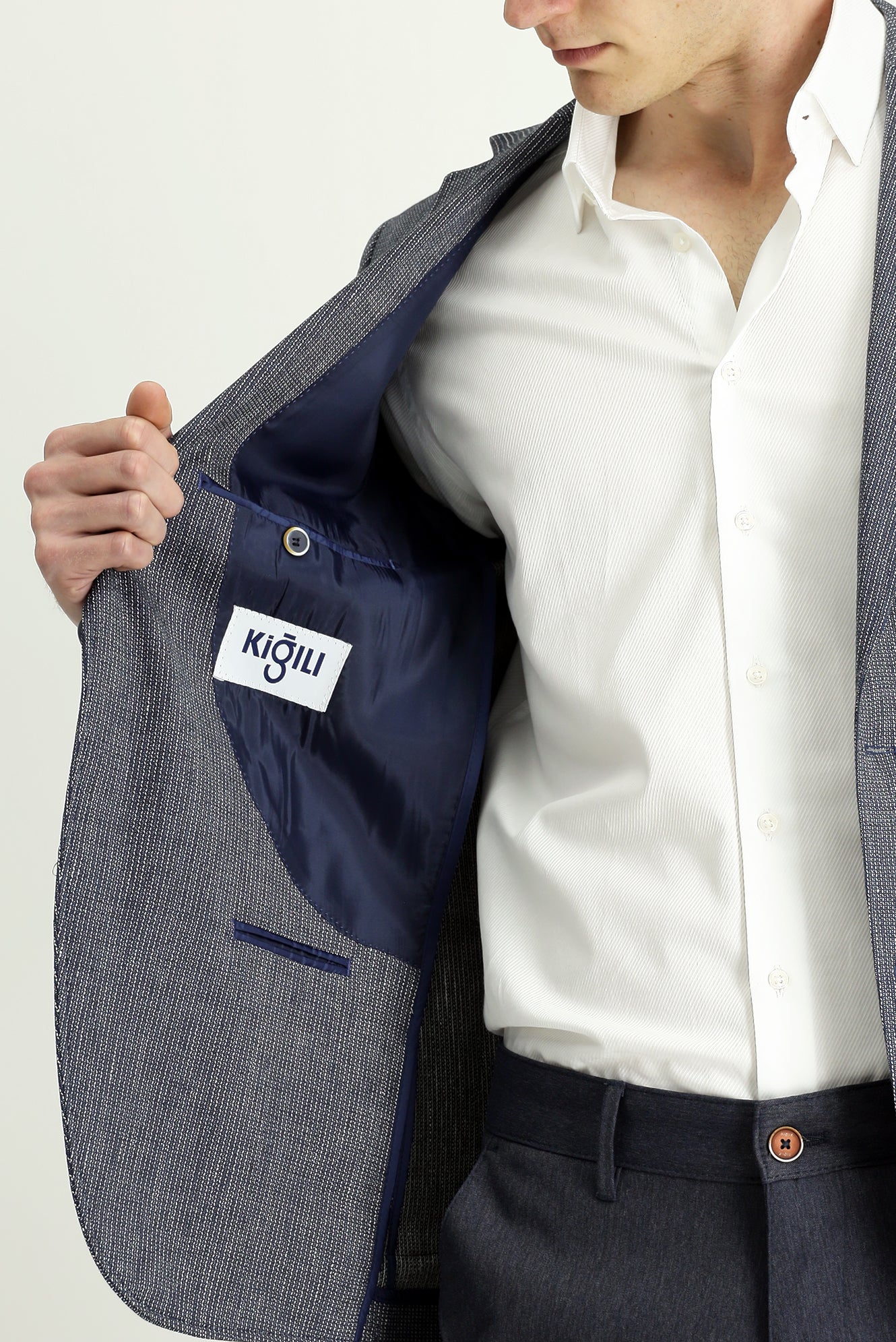 Koyu Lacivert 7 Drop Slim Fit Dar Kesim Keten Karışımlı Çizgili Spor Ceket - Image 6