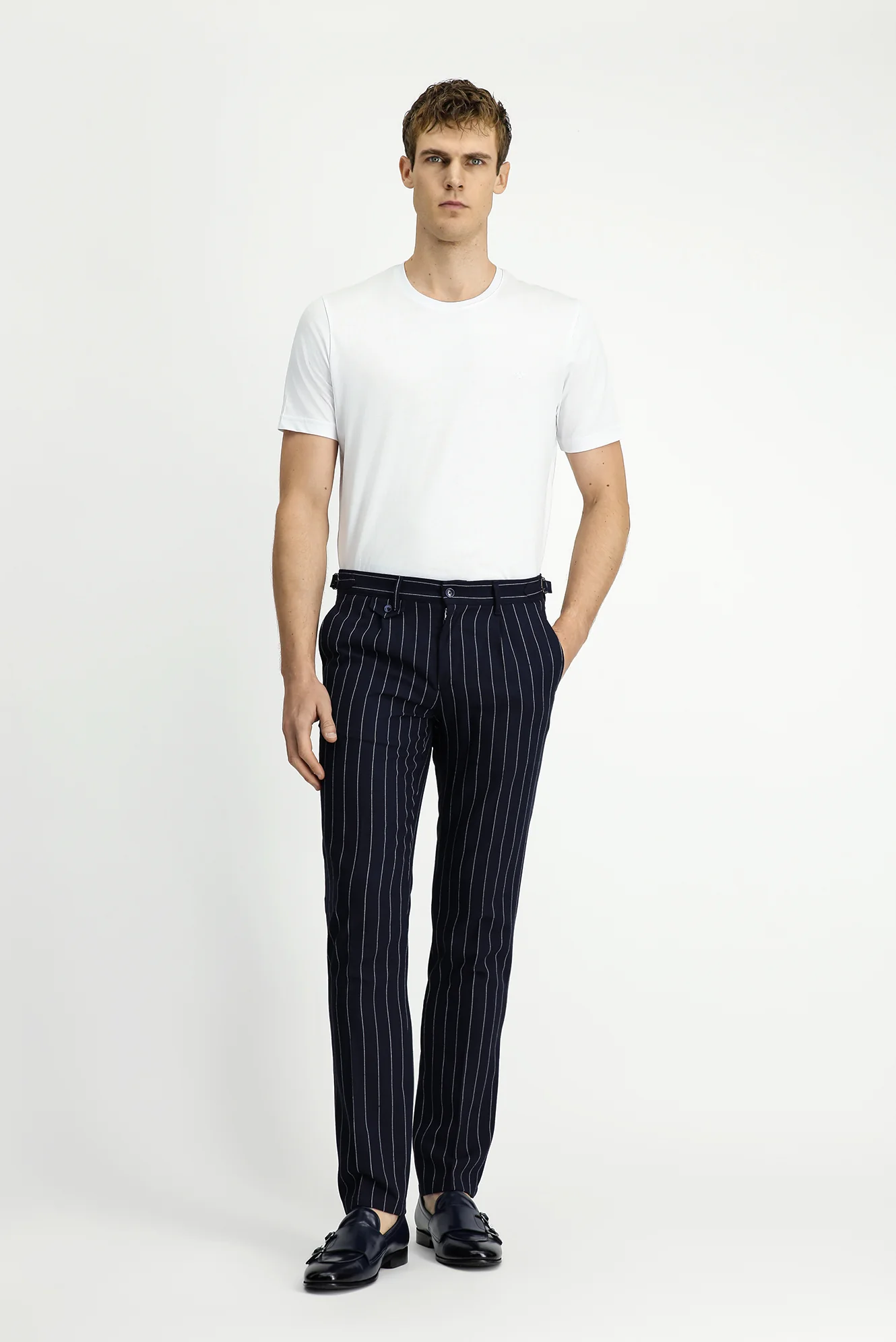 Koyu Lacivert 7 Drop Slim Fit Dar Kesim Keten Karışımlı Çizgili Tokalı Klasik Kumaş Pantolon