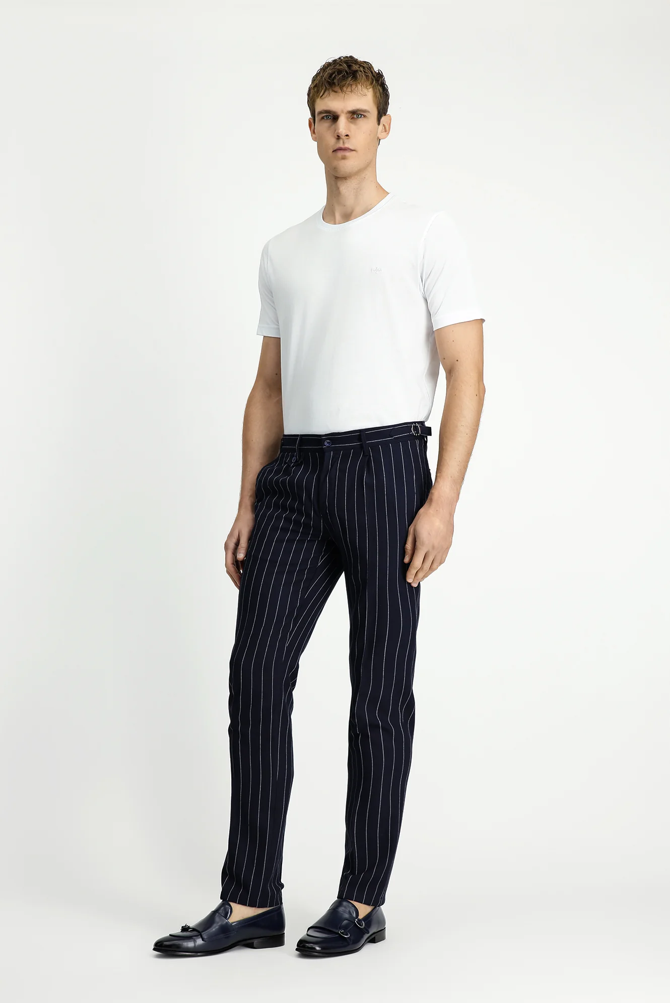 Koyu Lacivert 7 Drop Slim Fit Dar Kesim Keten Karışımlı Çizgili Tokalı Klasik Kumaş Pantolon - Image 2