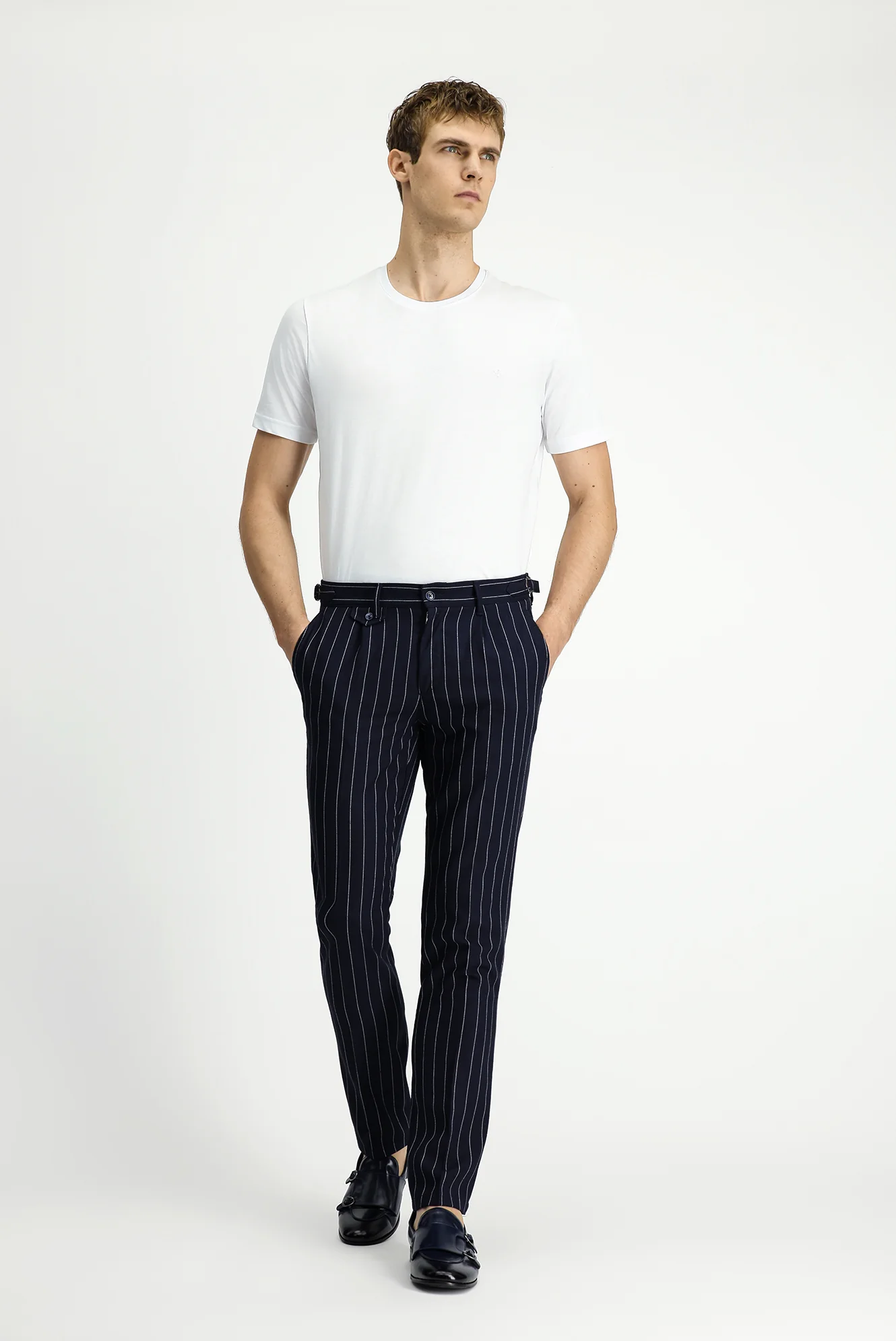 Koyu Lacivert 7 Drop Slim Fit Dar Kesim Keten Karışımlı Çizgili Tokalı Klasik Kumaş Pantolon - Image 3