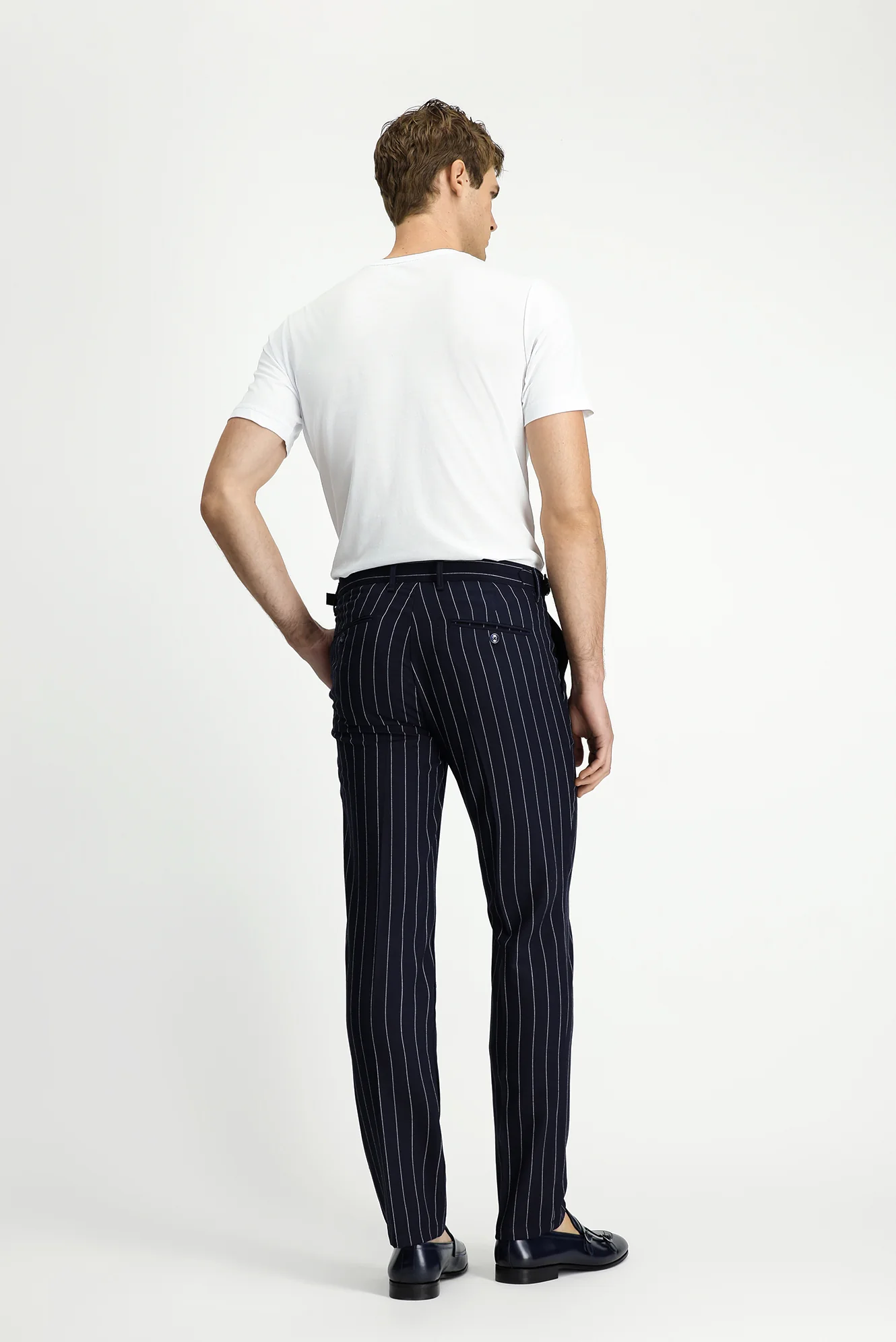 Koyu Lacivert 7 Drop Slim Fit Dar Kesim Keten Karışımlı Çizgili Tokalı Klasik Kumaş Pantolon - Image 4