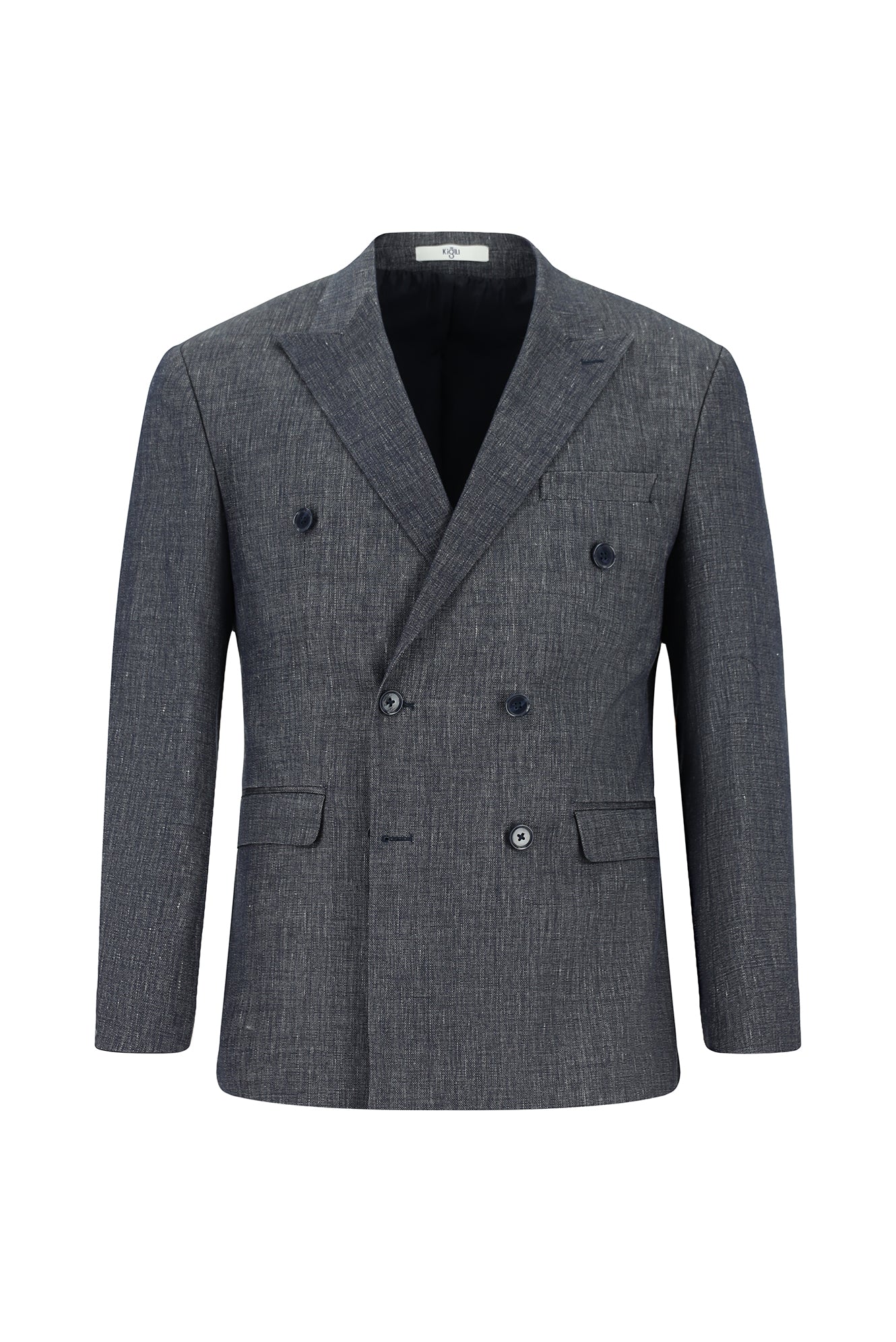 Koyu Lacivert 7 Drop Slim Fit Dar Kesim Keten Karışımlı Sivri Yaka Kruvaze Takım Elbise - Image 2