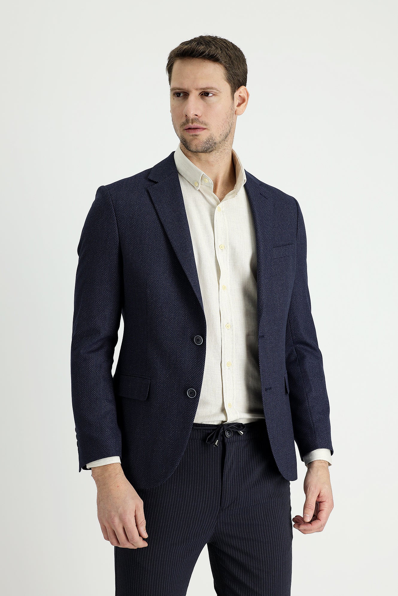 Koyu Lacivert 7 Drop Slim Fit Dar Kesim Klasik Desenli Ceket