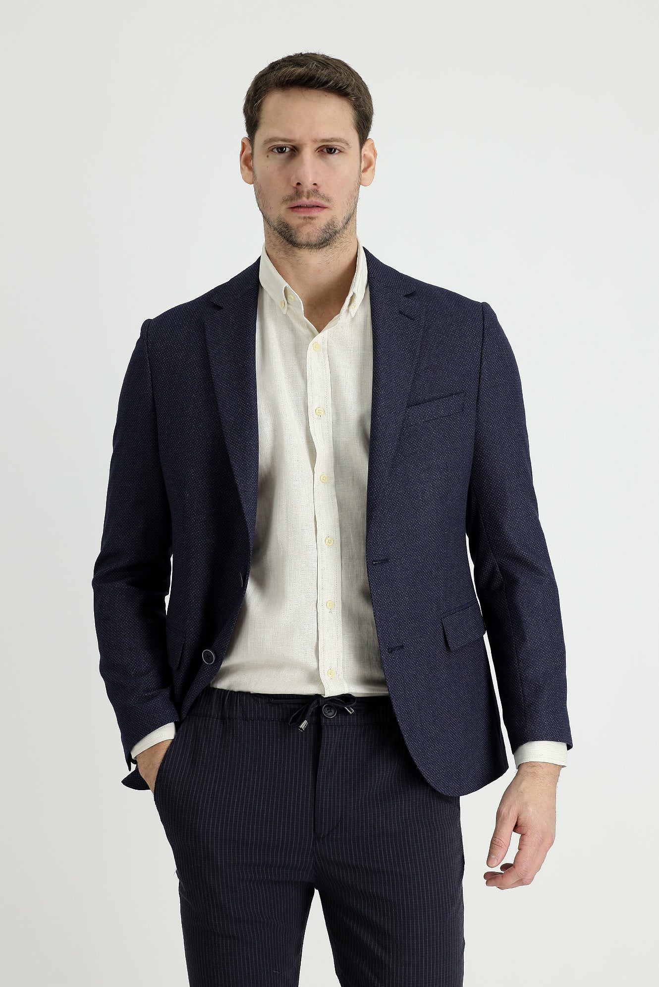 Koyu Lacivert 7 Drop Slim Fit Dar Kesim Klasik Desenli Ceket - Image 2