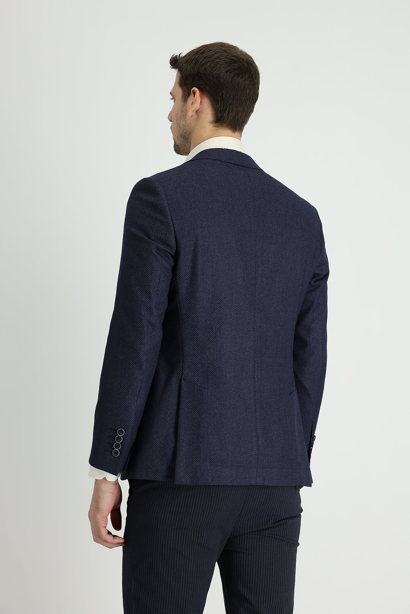 Koyu Lacivert 7 Drop Slim Fit Dar Kesim Klasik Desenli Ceket - Image 3