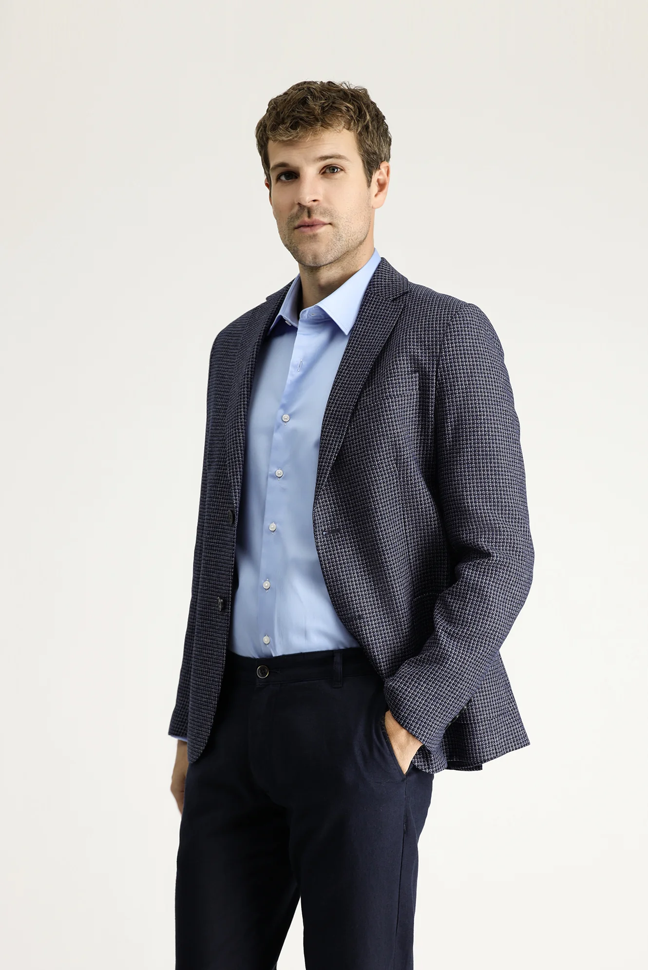 Koyu Lacivert 7 Drop Slim Fit Dar Kesim Klasik Desenli Keten Ceket