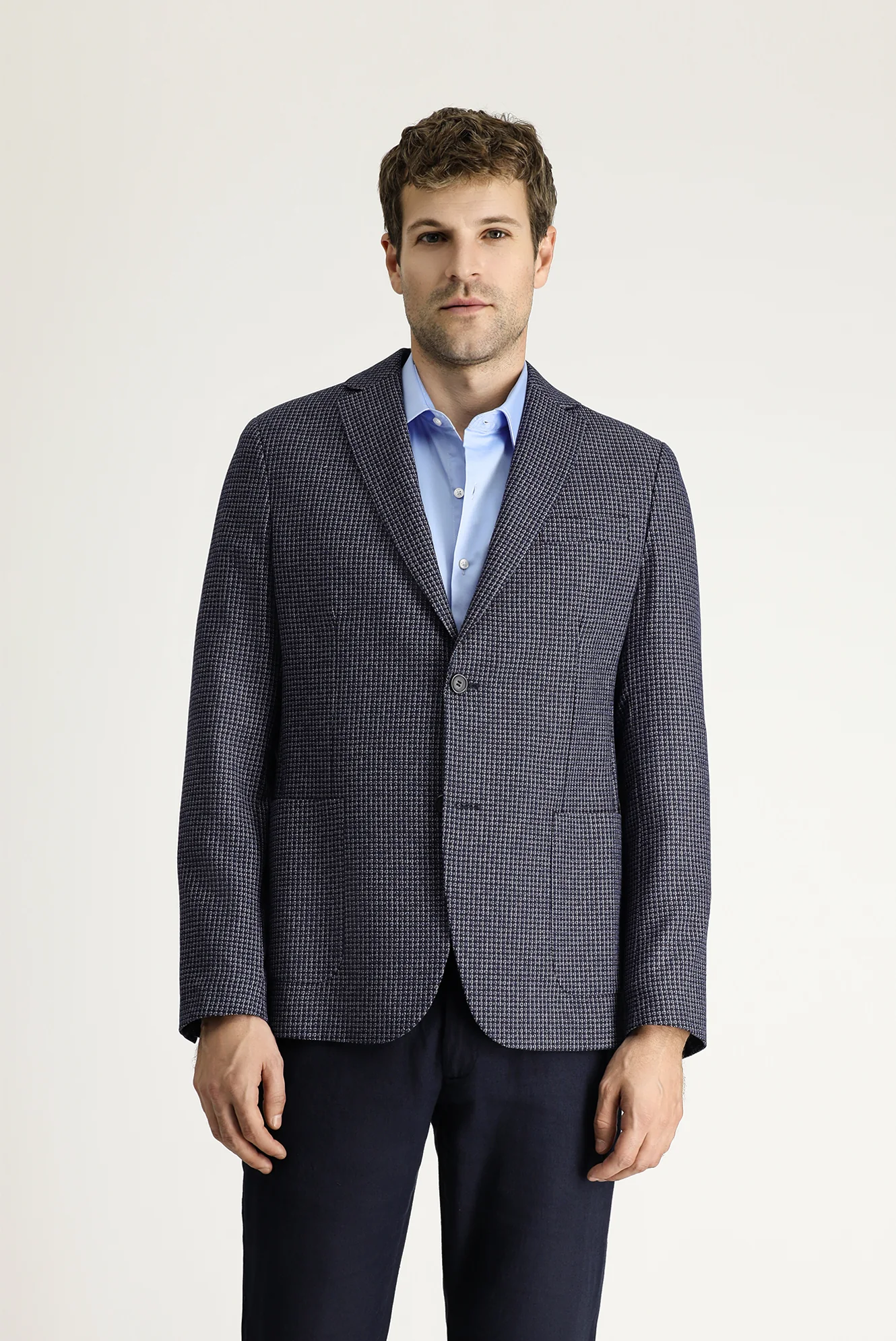 Koyu Lacivert 7 Drop Slim Fit Dar Kesim Klasik Desenli Keten Ceket - Image 3