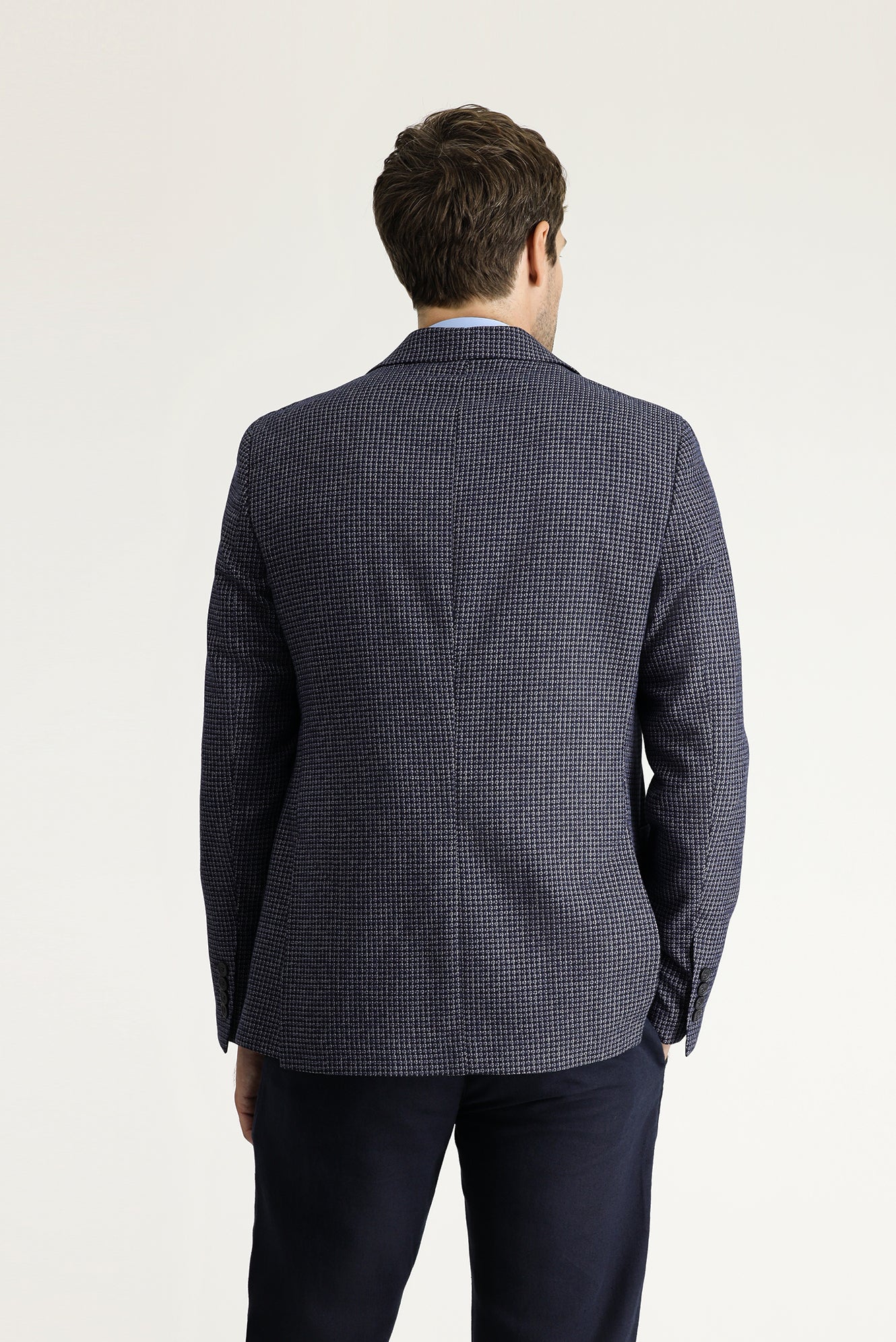 Koyu Lacivert 7 Drop Slim Fit Dar Kesim Klasik Desenli Keten Ceket - Image 4