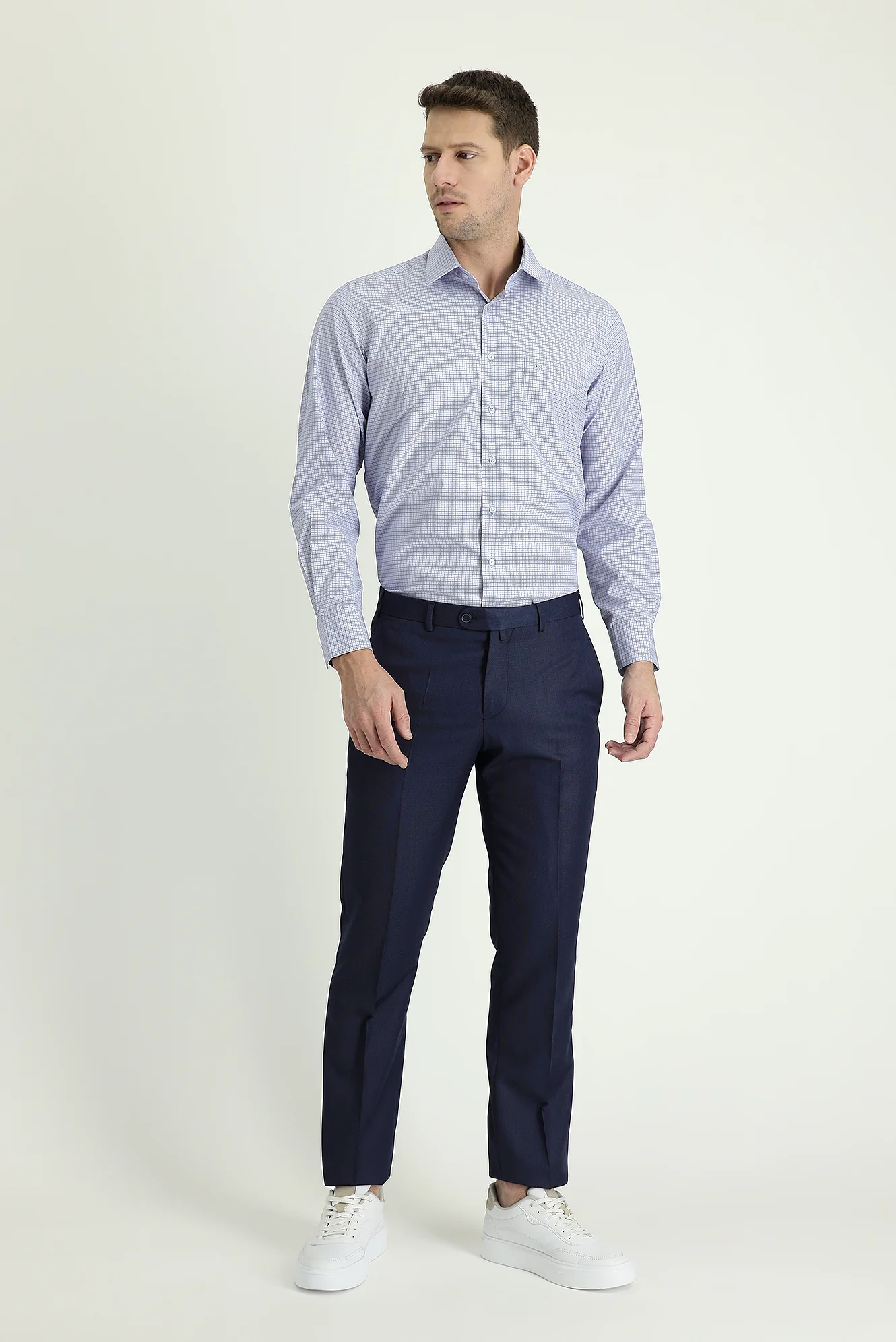 Koyu Lacivert 7 Drop Slim Fit Dar Kesim Klasik Desenli Kumaş Pantolon