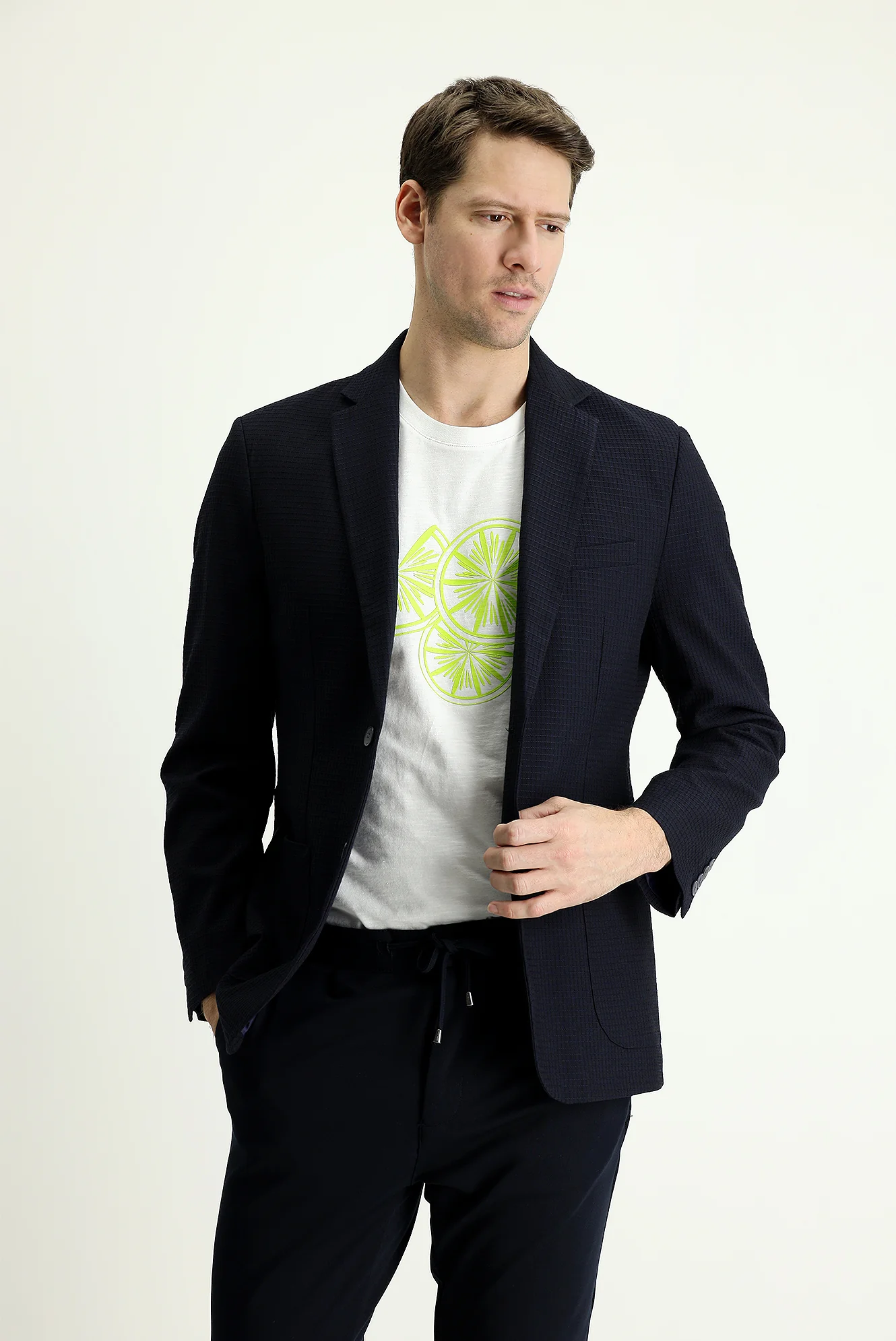 Koyu Lacivert 7 Drop Slim Fit Dar Kesim Klasik Kareli Ceket