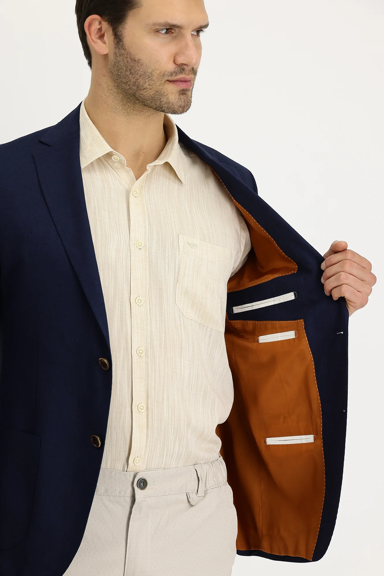 Koyu Lacivert 7 Drop Slim Fit Dar Kesim Klasik Keten Ceket - Image 3