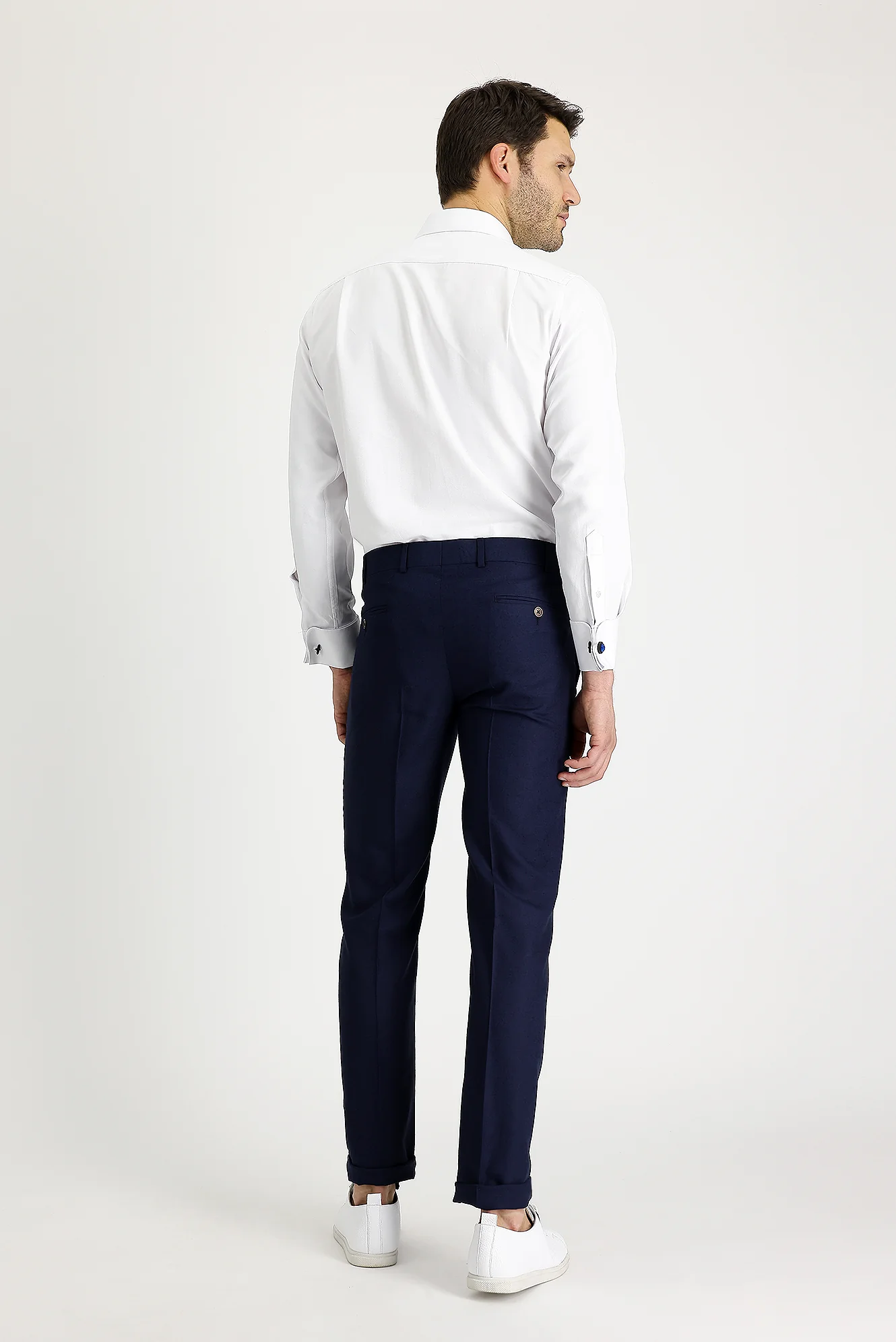 Koyu Lacivert 7 Drop Slim Fit Dar Kesim Klasik Keten Karışımlı Kumaş Pantolon - Image 2