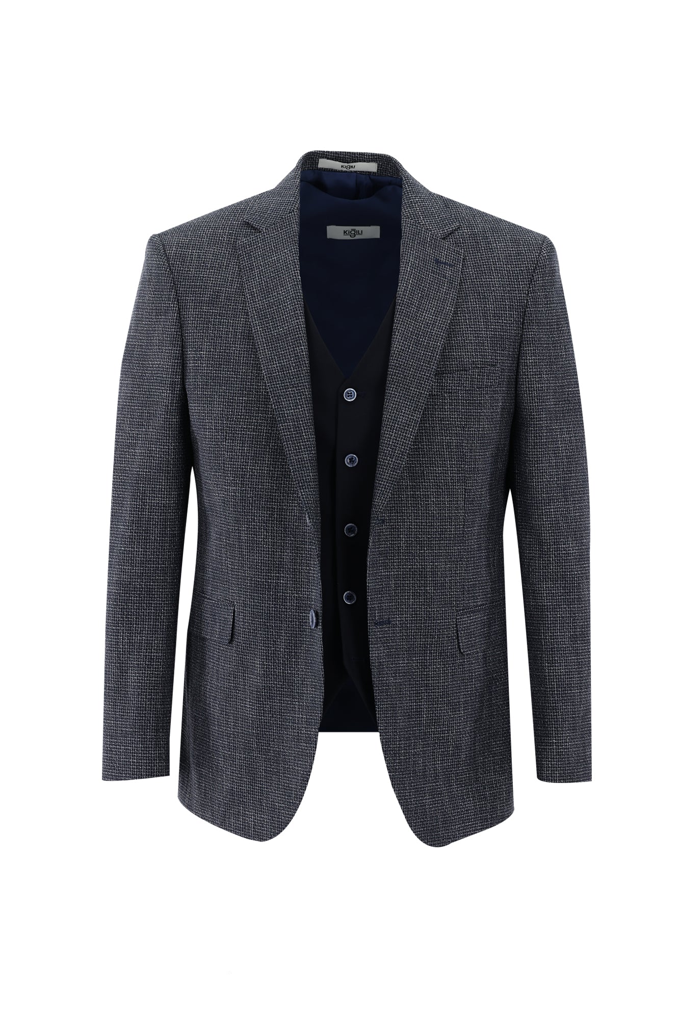 Koyu Lacivert 7 Drop Slim Fit Dar Kesim Kombinli Yelekli Keten Karışımlı Takım Elbise - Image 2