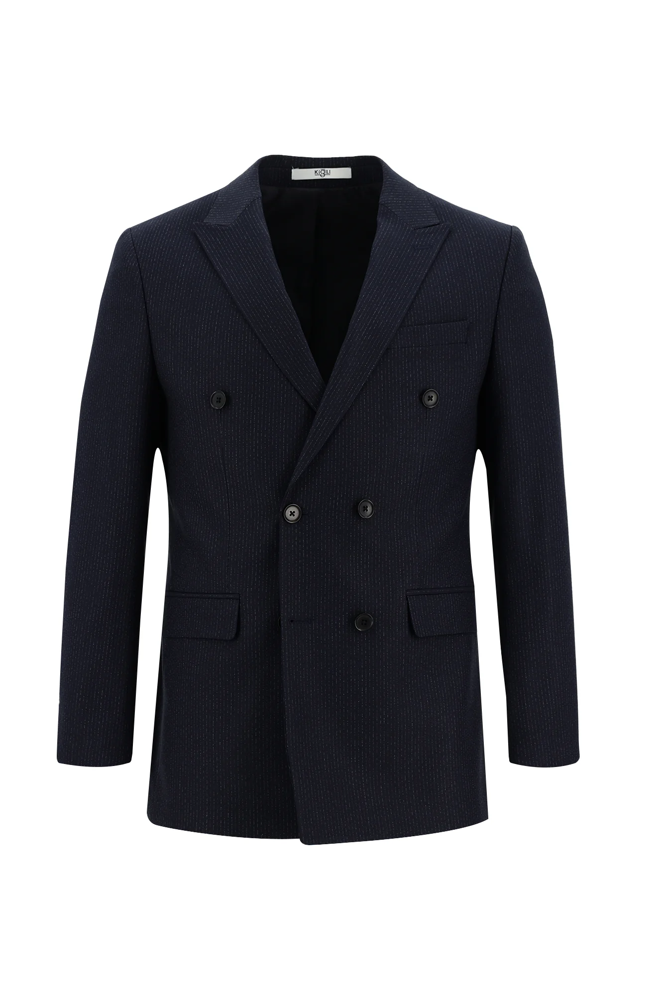 Koyu Lacivert 7 Drop Slim Fit Dar Kesim Kruvaze Beli Lastikli İpli Çizgili Takım Elbise - Image 2