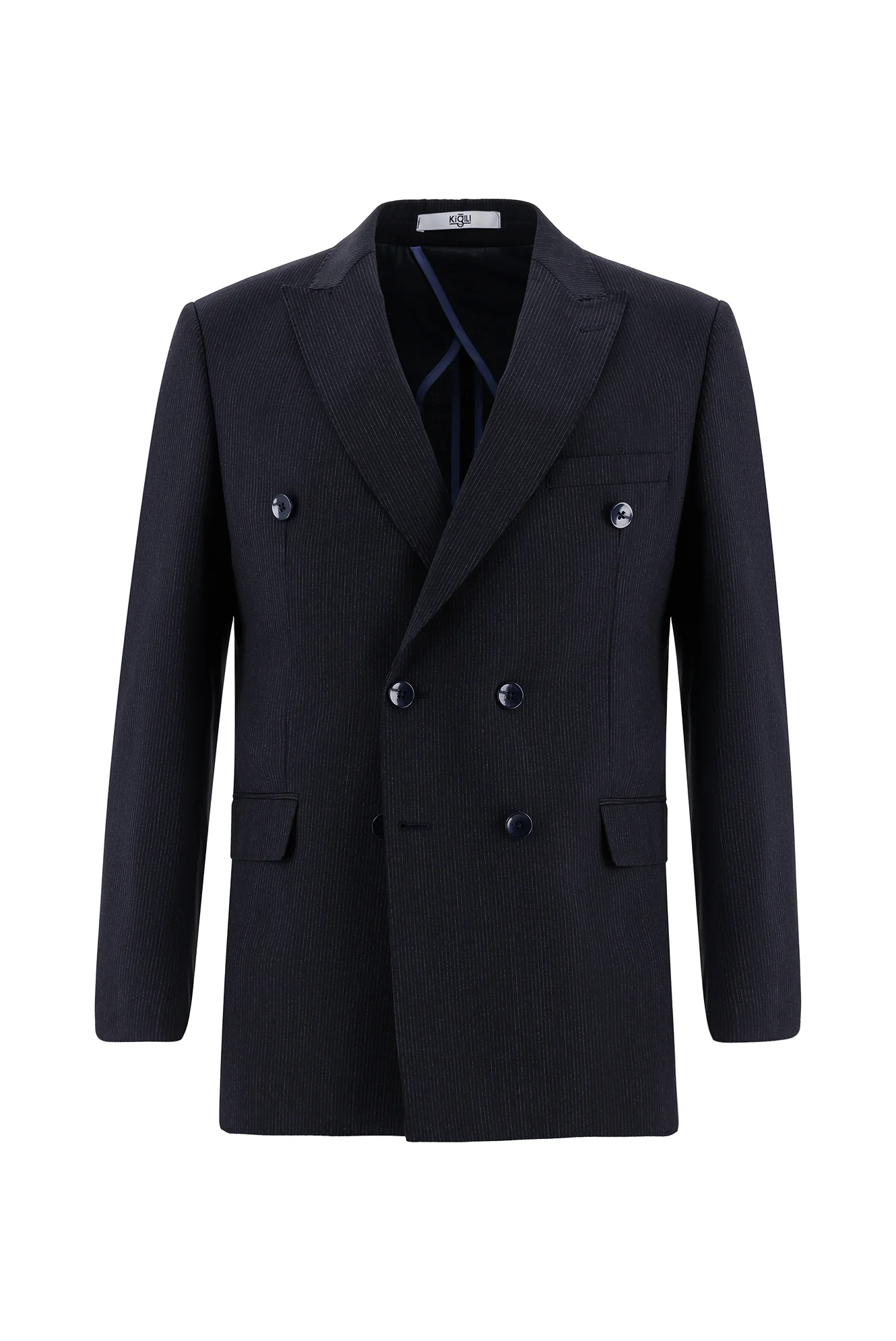 Koyu Lacivert 7 Drop Slim Fit Dar Kesim Kruvaze Çizgili Takım Elbise - Image 2