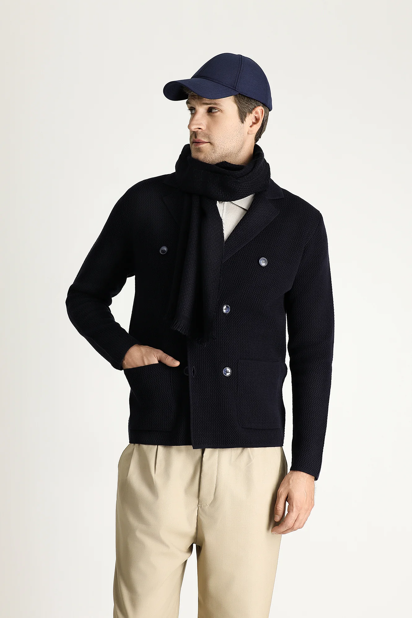 Koyu Lacivert Slim Fit Dar Kesim Kruvaze Pamuklu Triko Hırka