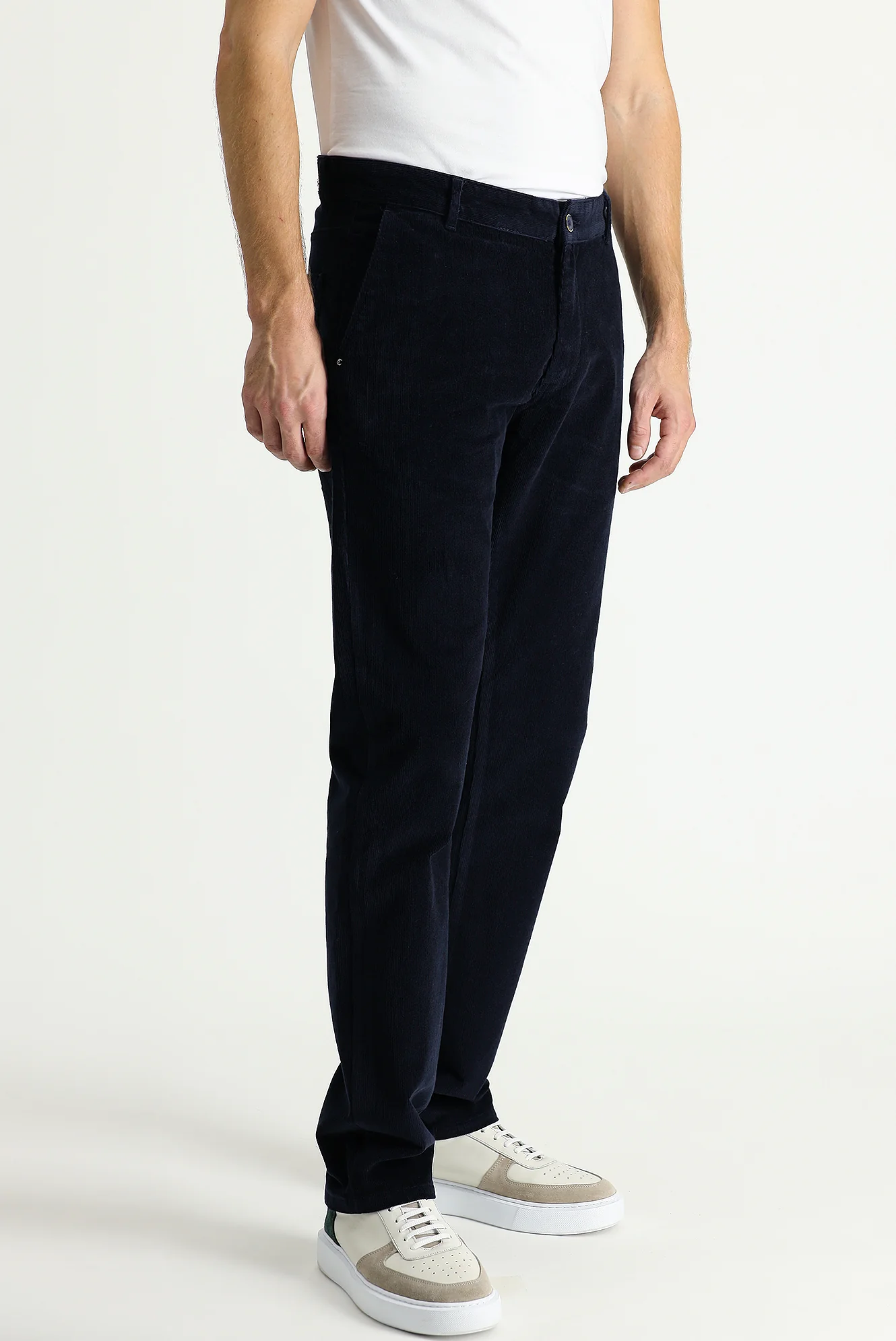 Koyu Lacivert Slim Fit Dar Kesim Likralı Kadife Pantolon - Image 3