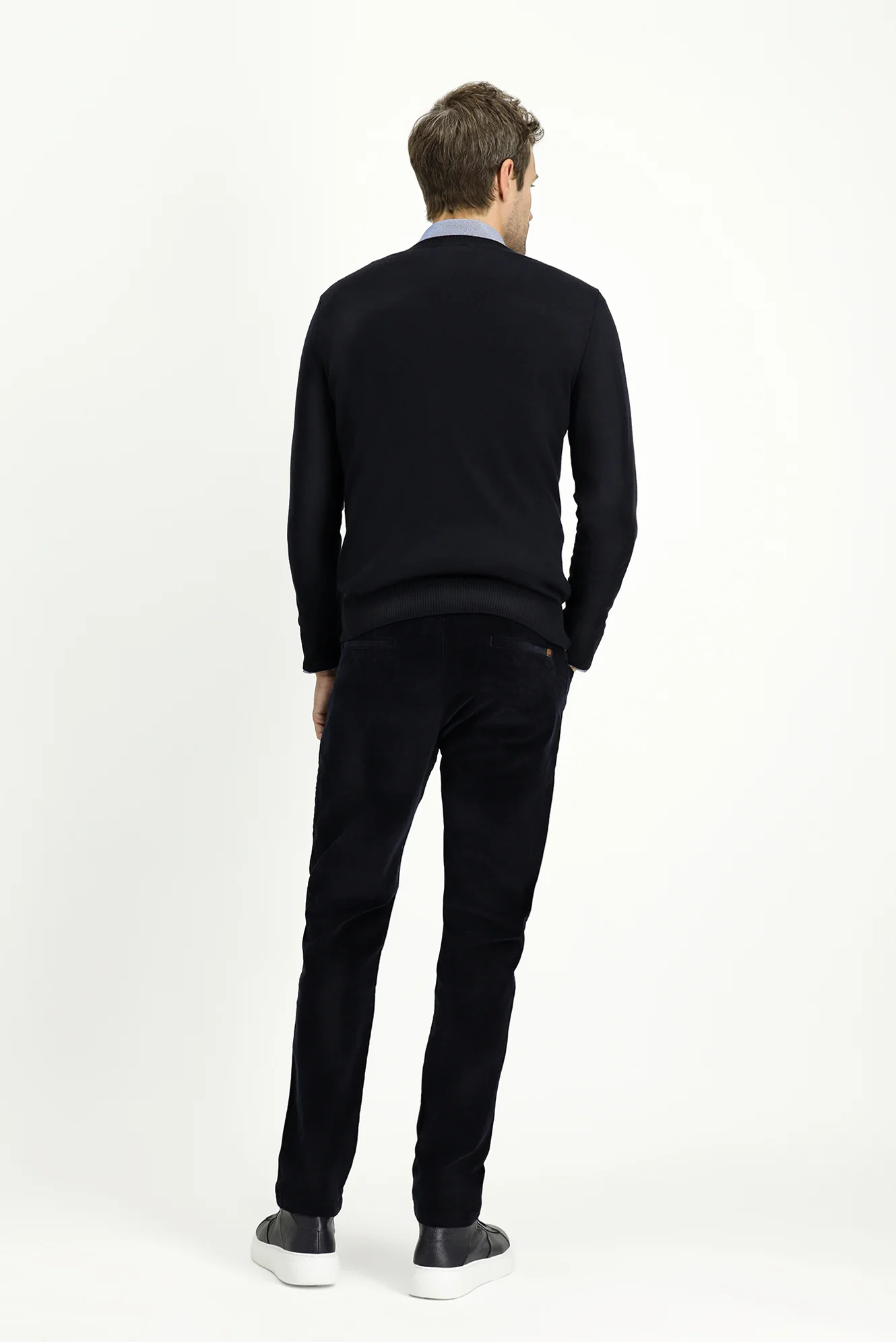 Koyu Lacivert Slim Fit Dar Kesim Likralı Kadife Pantolon - Image 5