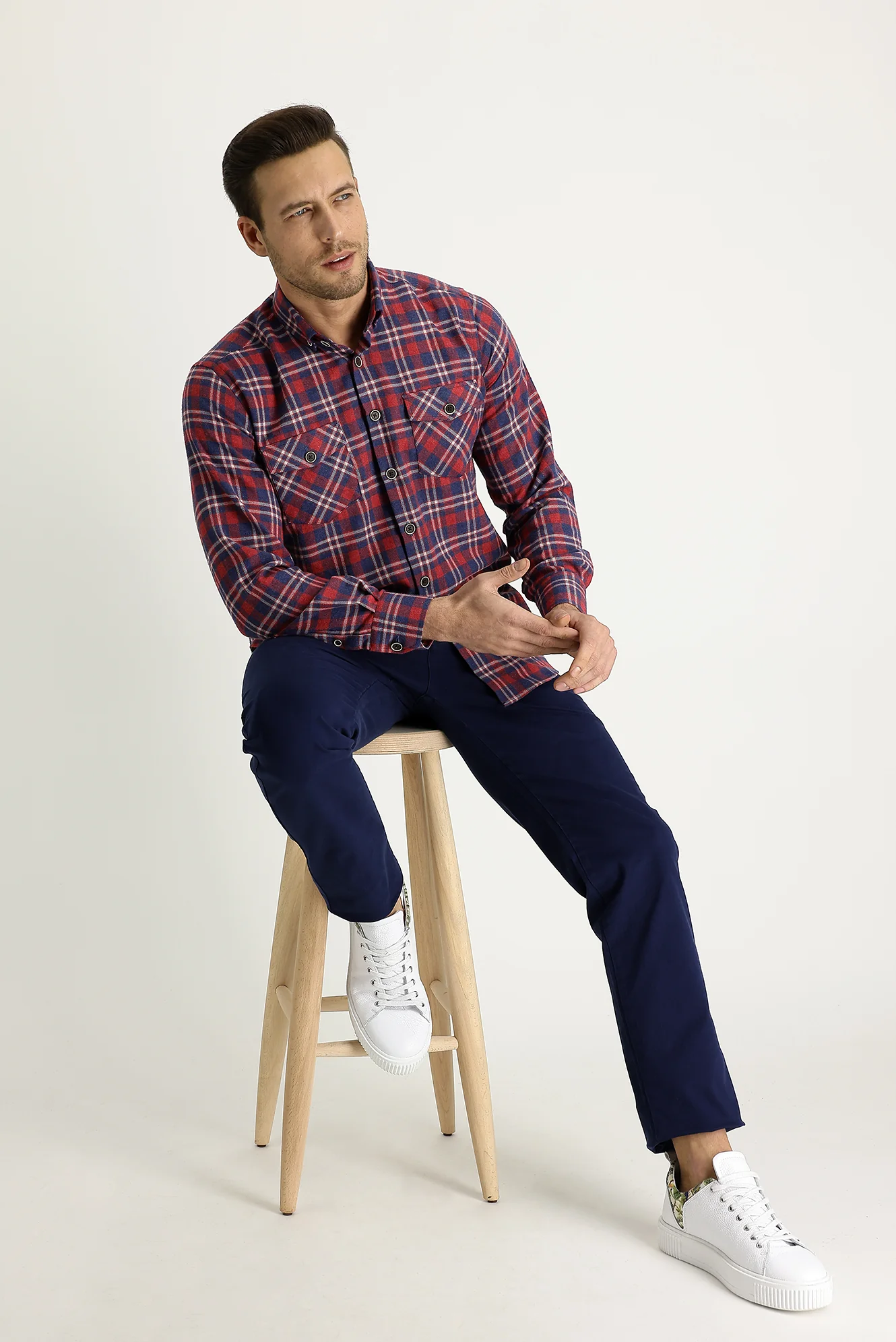 Koyu Lacivert Slim Fit Dar Kesim Likralı Kanvas / Chino Pantolon