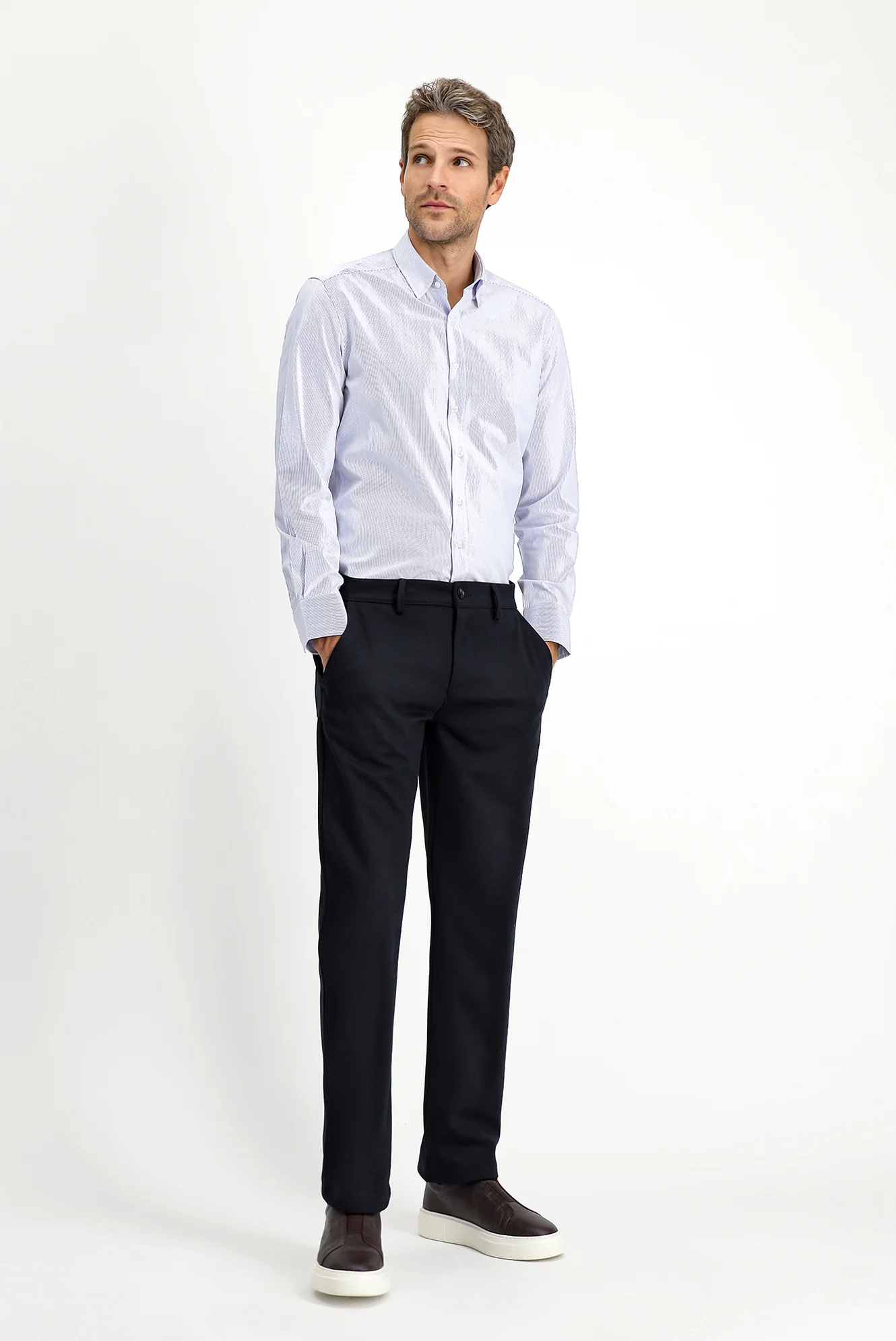Koyu Lacivert 7 Drop Slim Fit Dar Kesim Likralı Örme Klasik Kumaş Pantolon - Image 2