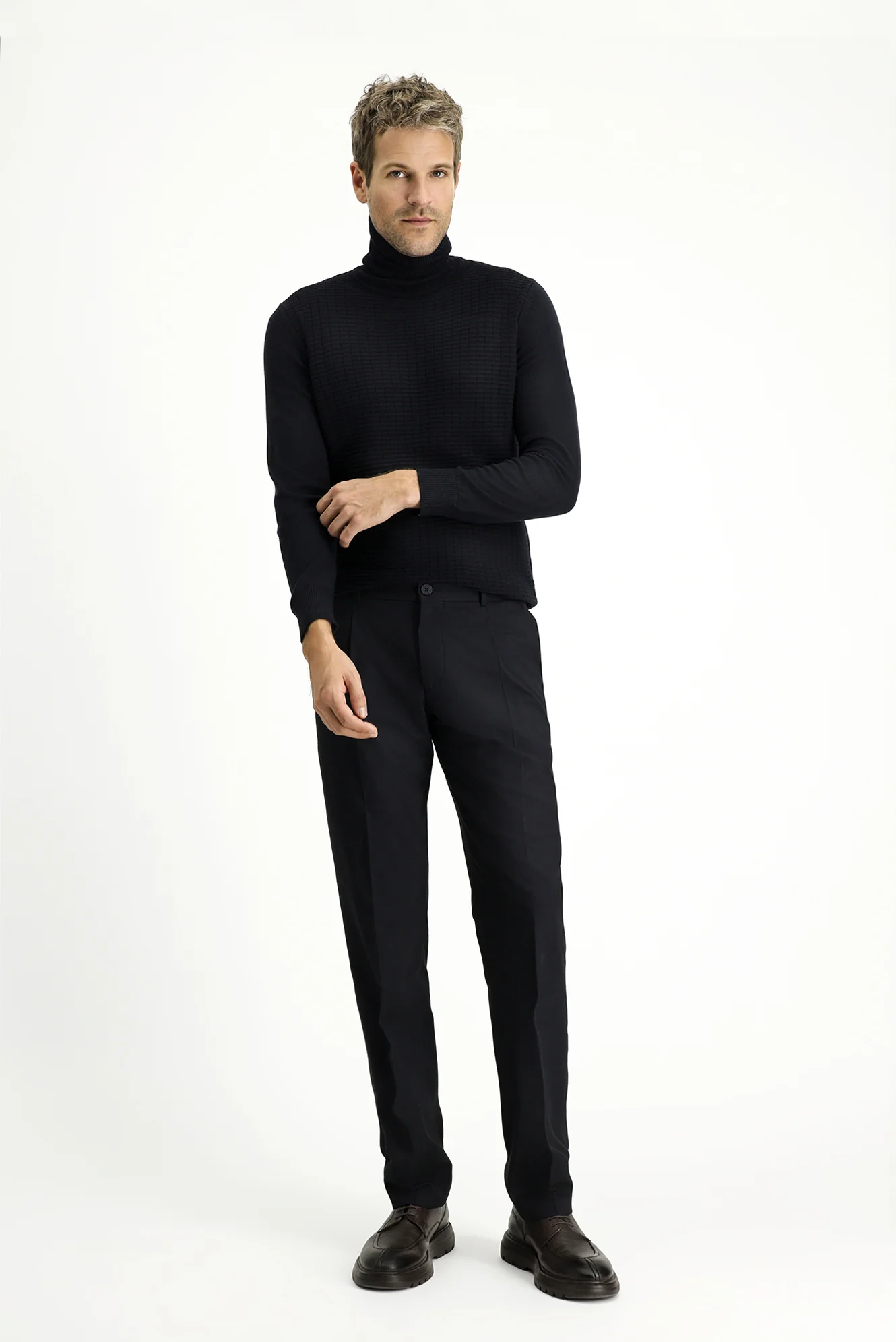 Koyu Lacivert 7 Drop Slim Fit Dar Kesim Likralı Pileli Klasik Kumaş Pantolon - Image 2