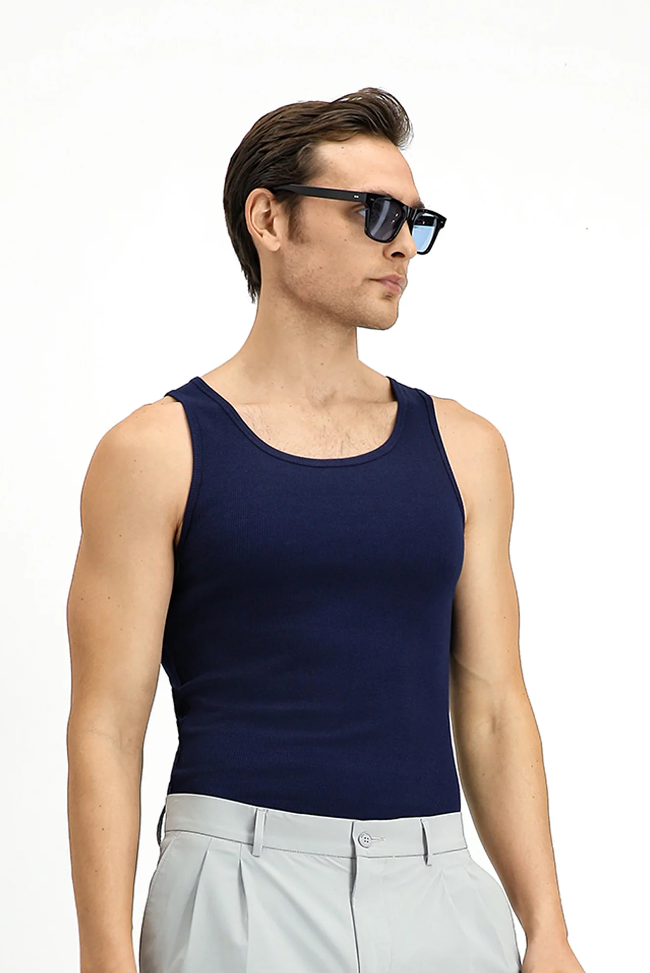 Koyu Lacivert Slim Fit Dar Kesim Pamuk Fitilli Atlet - Image 3
