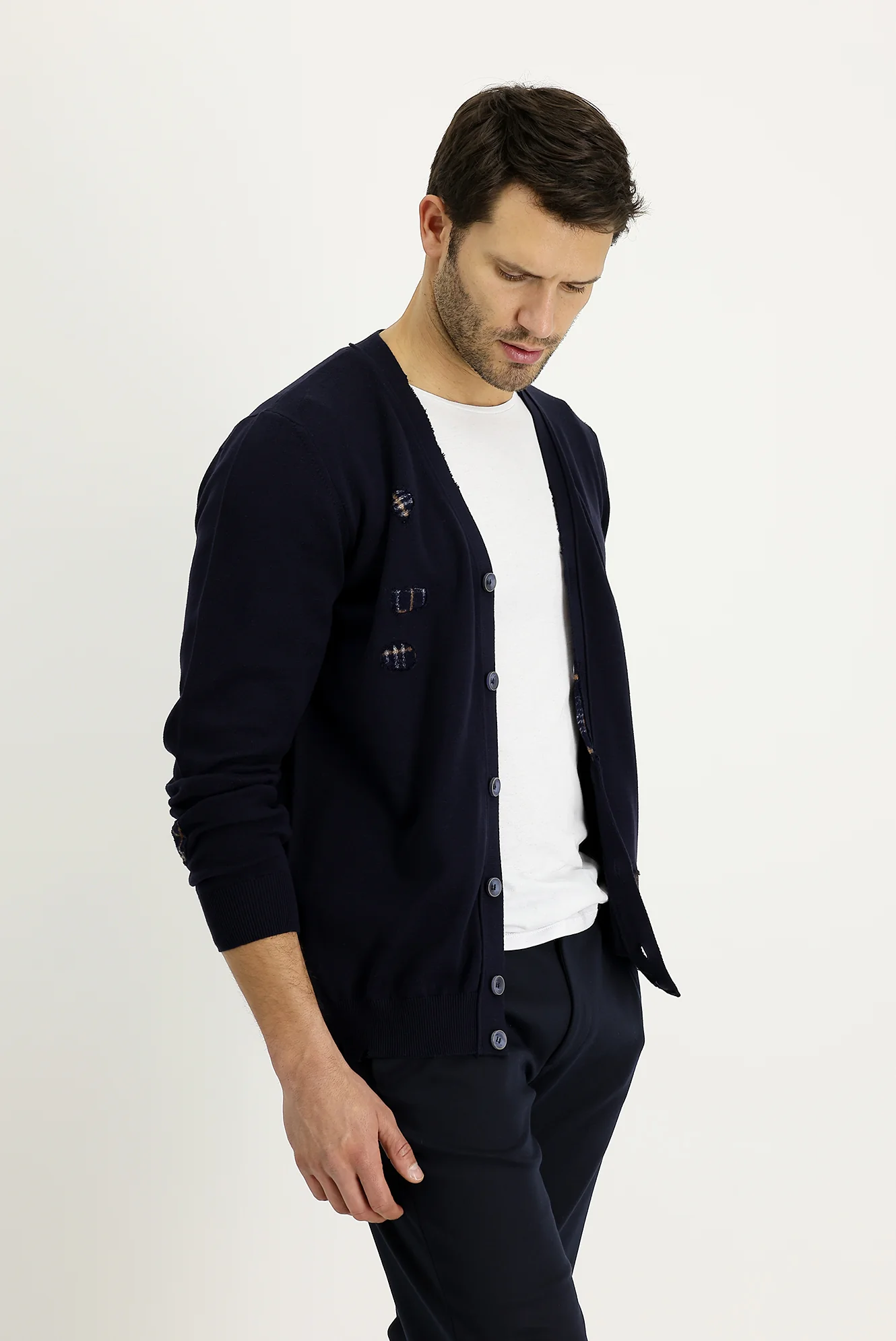 Koyu Lacivert Slim Fit Dar Kesim Desenli Triko Hırka - Image 2